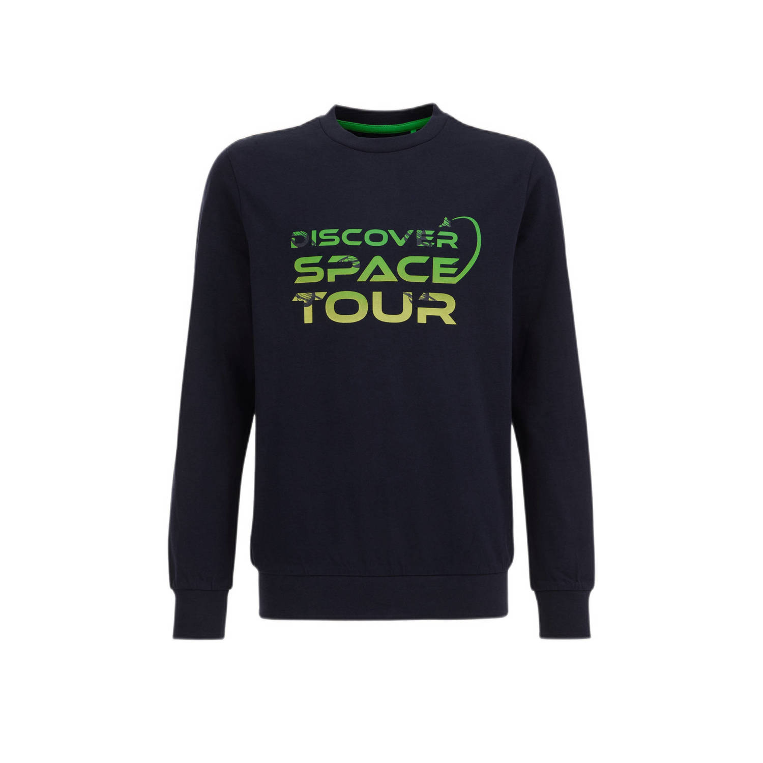 WE Fashion longsleeve met tekst donkerblauw Jongens Katoen Ronde hals Tekst 170 176