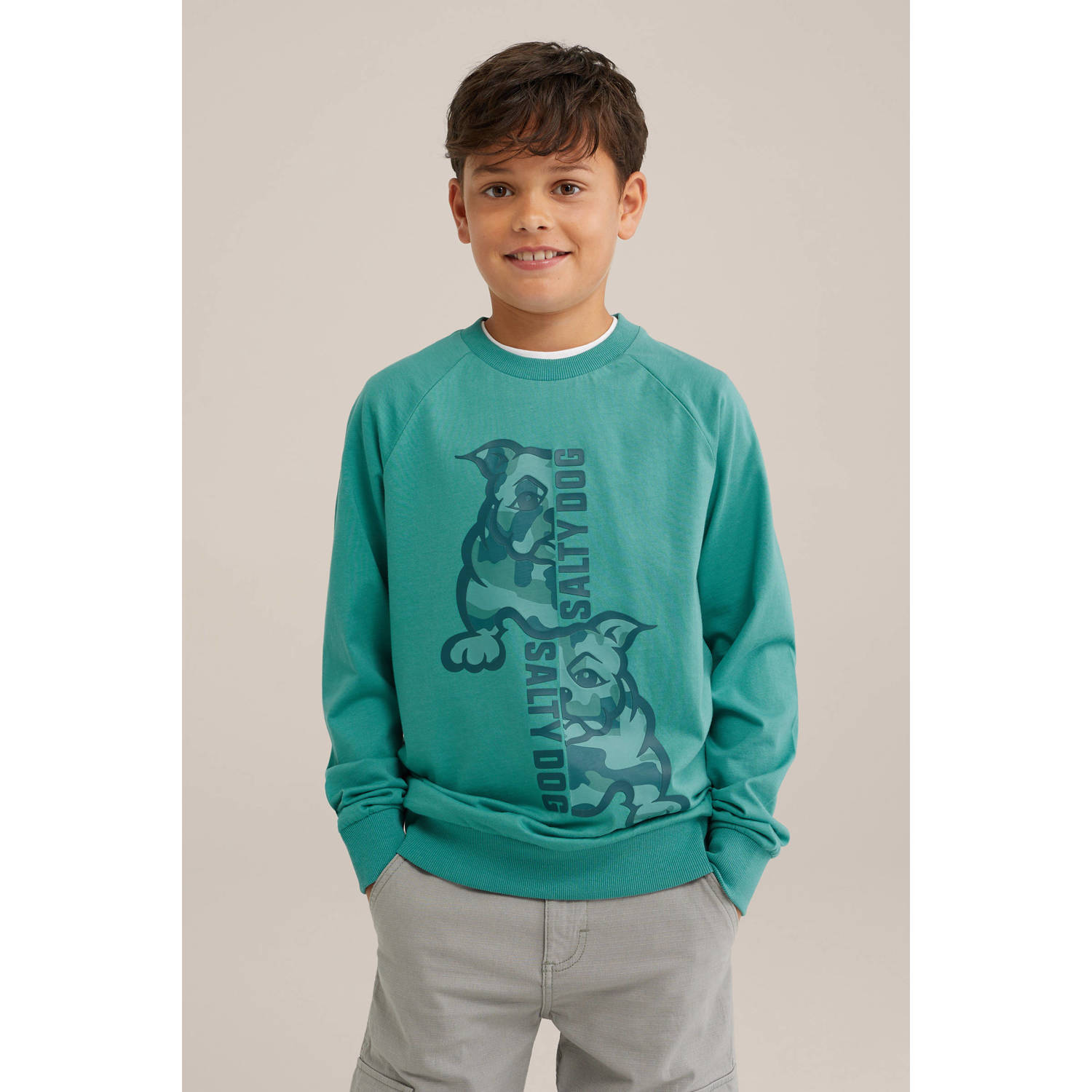 WE Fashion longsleeve met printopdruk groen Jongens Katoen Ronde hals Printopdruk 146 152