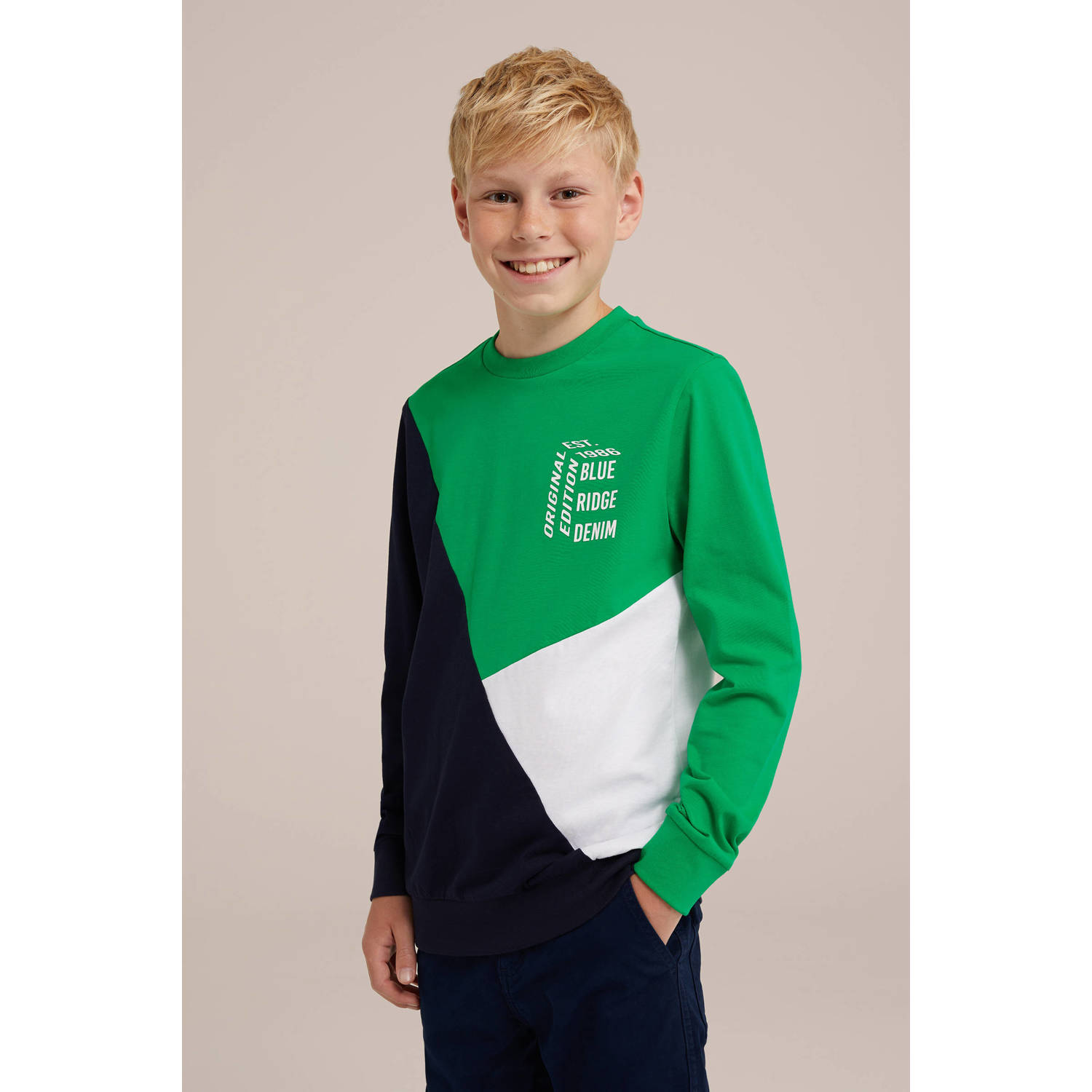 WE Fashion longsleeve groen wit blauw Jongens Katoen Ronde hals Meerkleurig 122 128