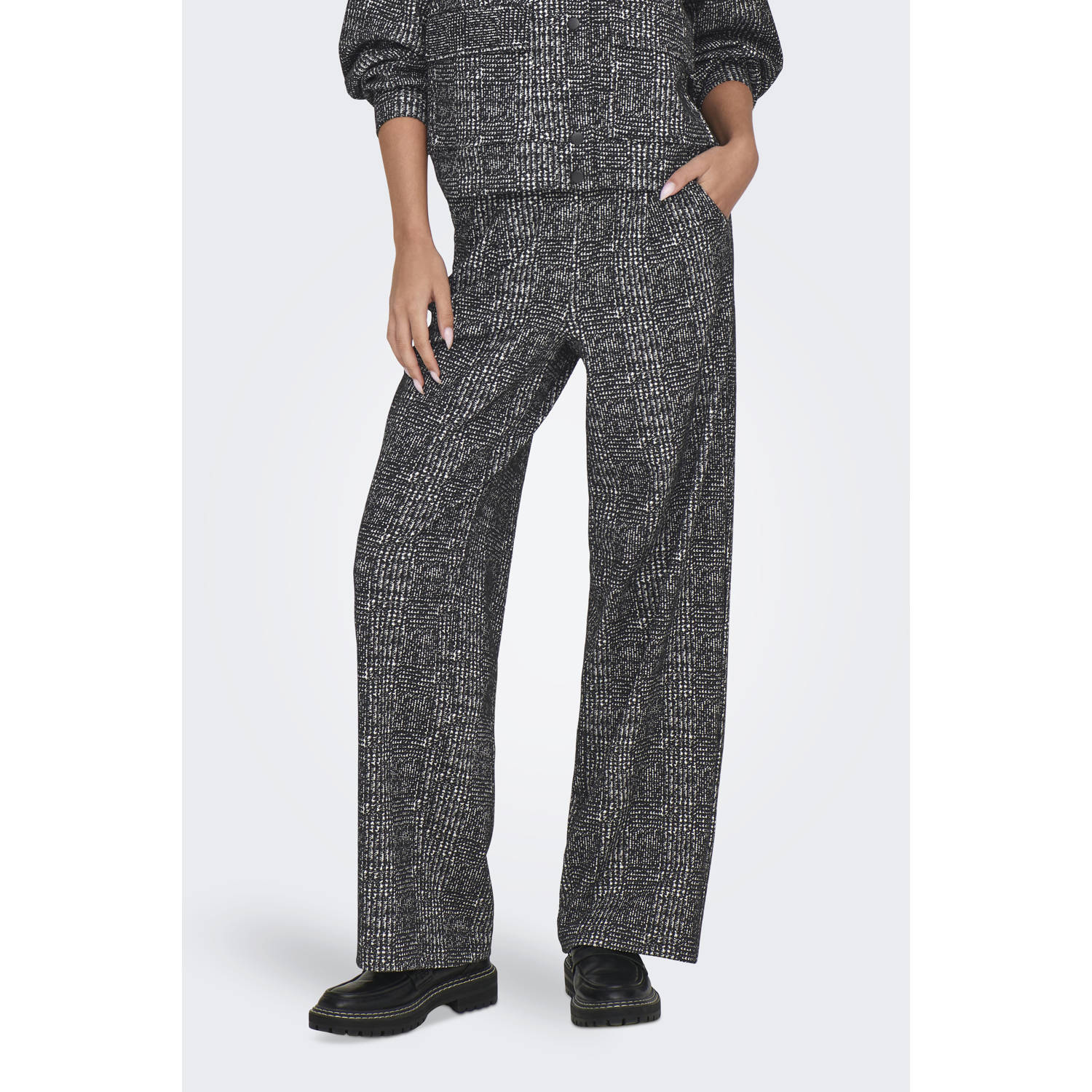 JDY geruite high waist regular fit broek BAILEE grijs melange