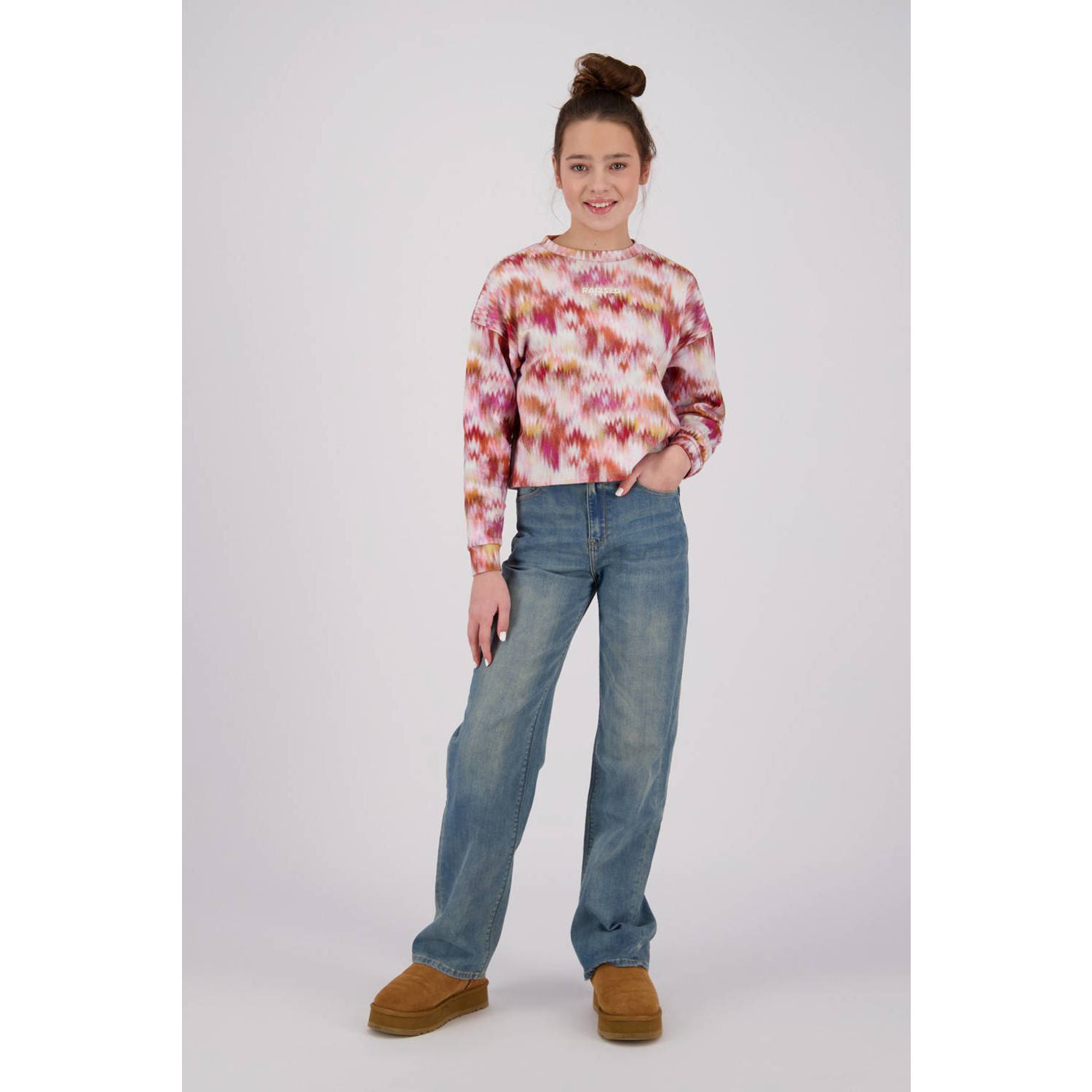 Raizzed sweater Hanna met all over print beige rood oranje