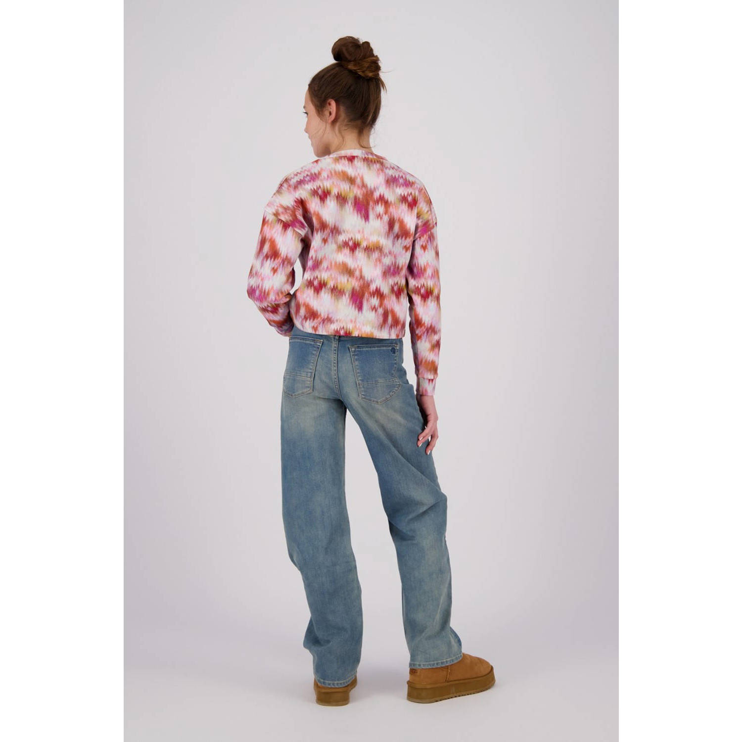 Raizzed sweater Hanna met all over print beige rood oranje