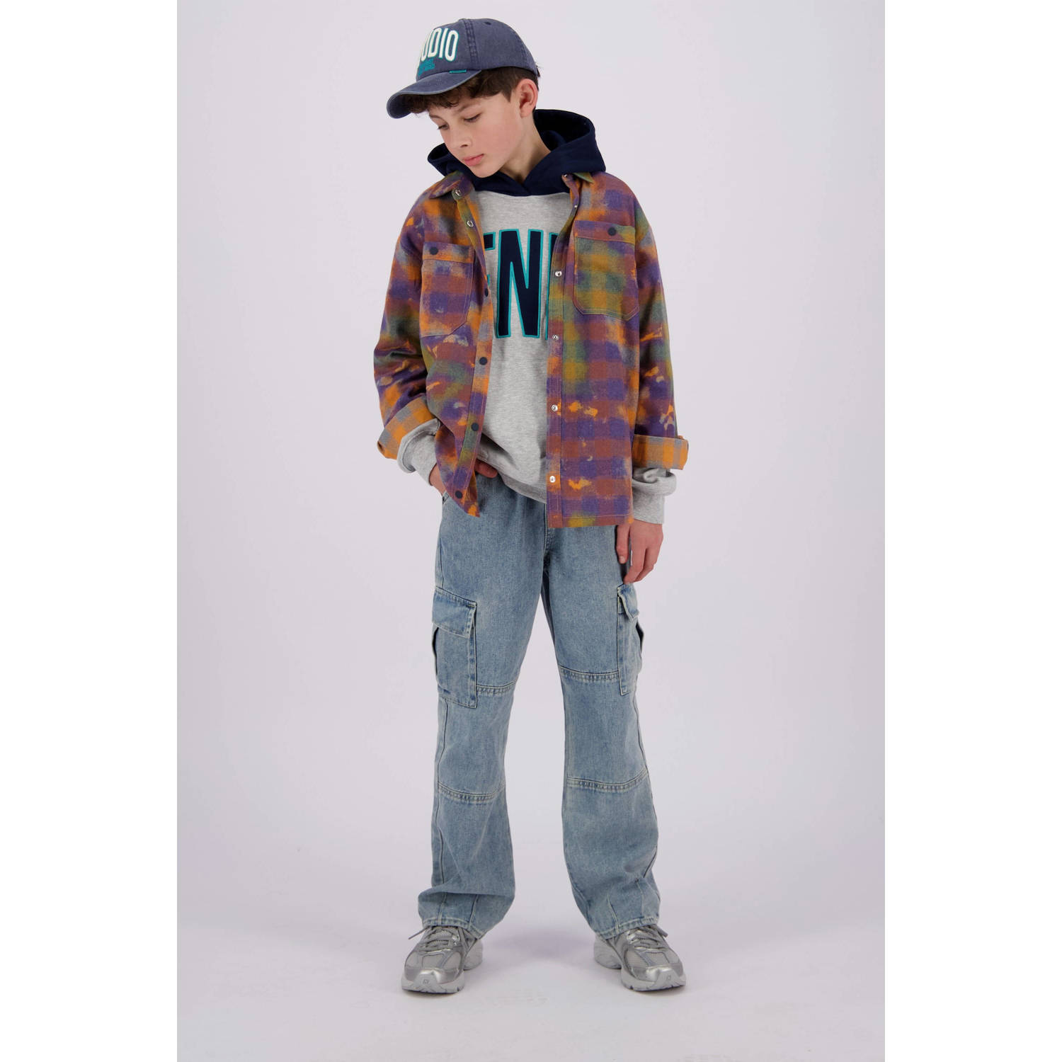 Vingino geruit overshirt Lauro donkerblauw oranje