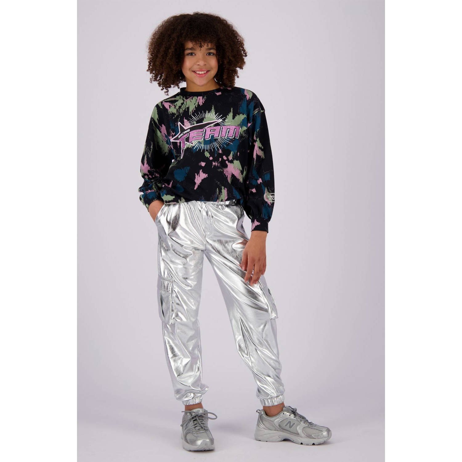 Vingino sweater Jiena met all over print zwart roze blauw