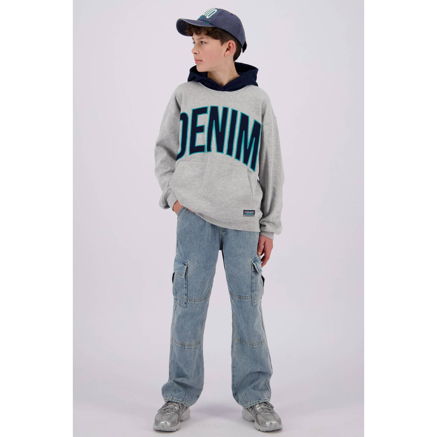 Vingino hoodie Nano met printopdruk grijs melange donkerblauw