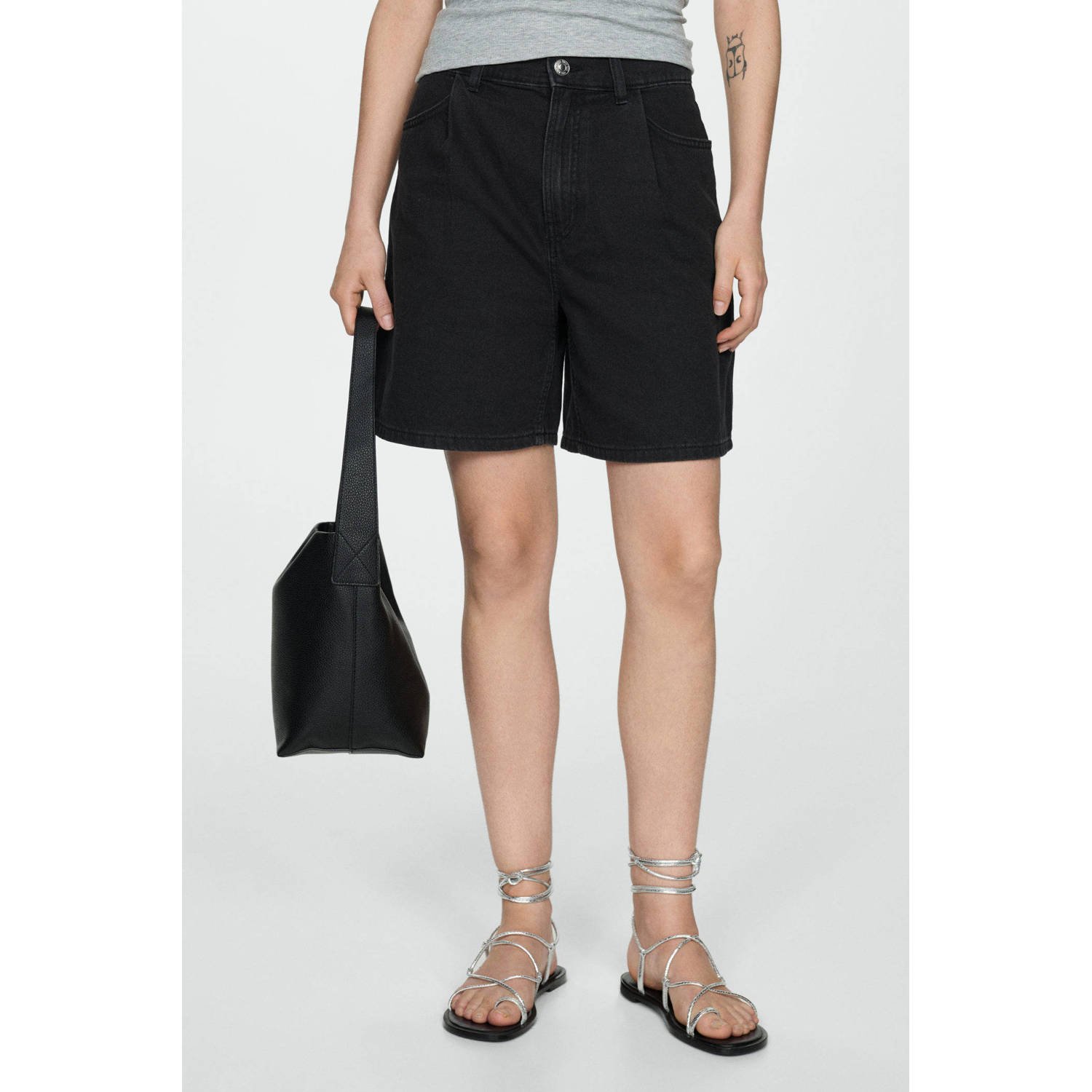 Mango high waist straight fit short black denim