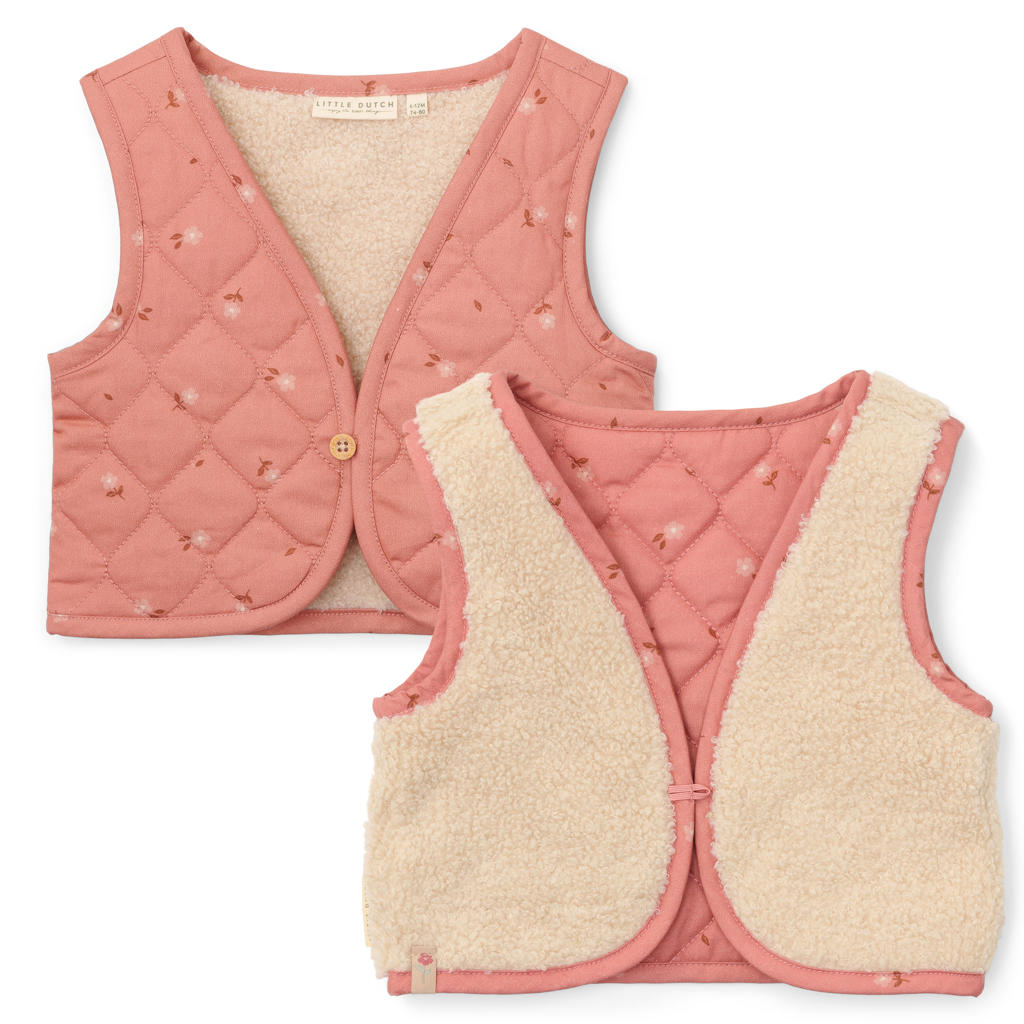 Roze en ecru meisjes Little Dutch reversible teddy gilet van katoen met bloemenprint, V-hals en knoopsluiting