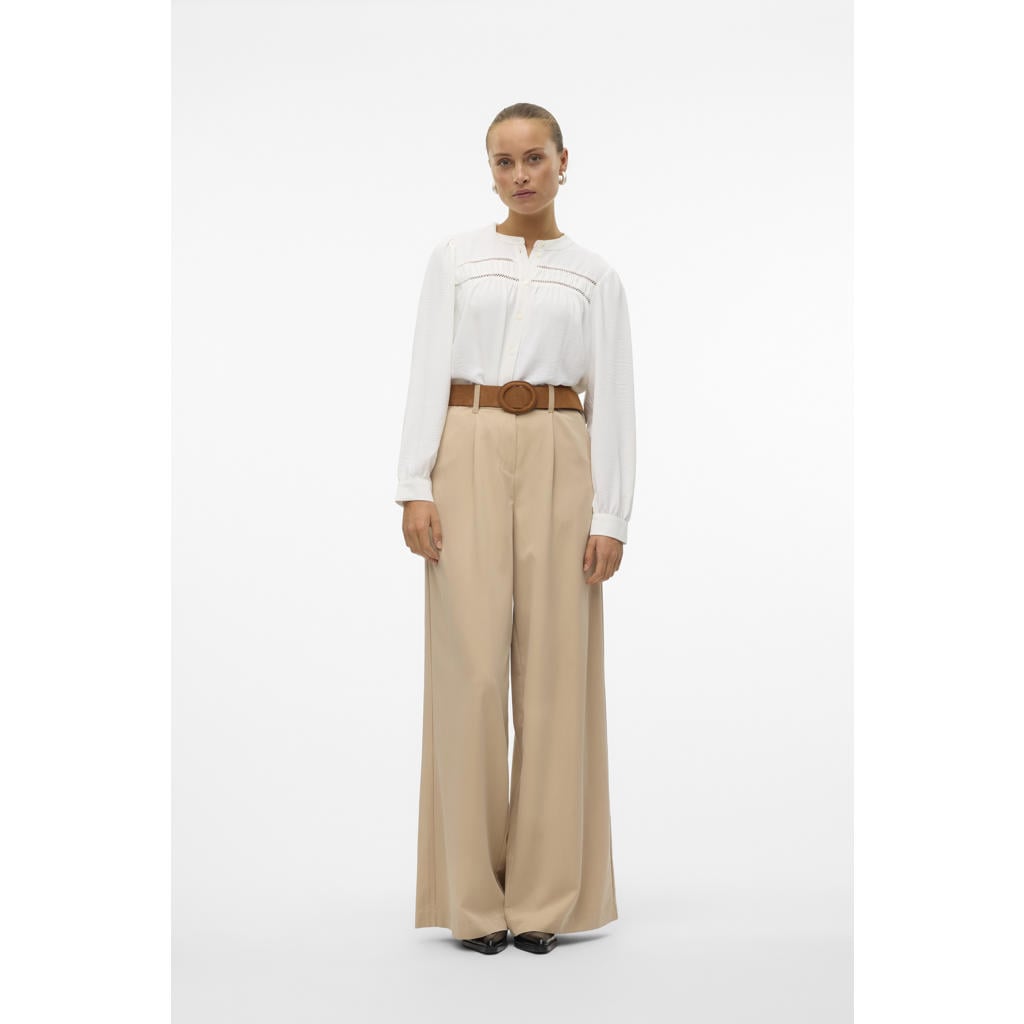 Ecru dames VERO MODA blouse van polyester met effen, lange mouwen, ronde hals, knoopsluiting en geweven detail