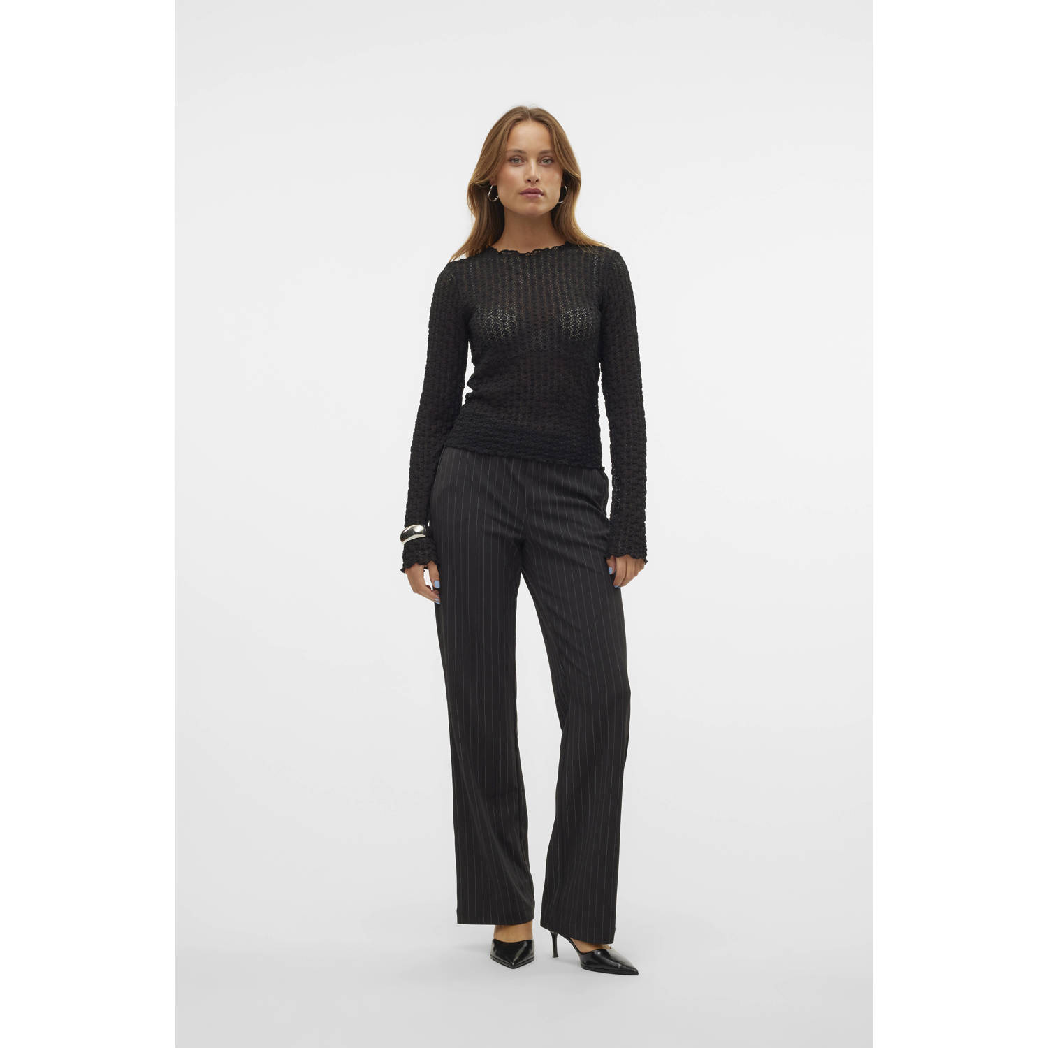 VERO MODA gestreepte straight fit broek VMMAYA zwart