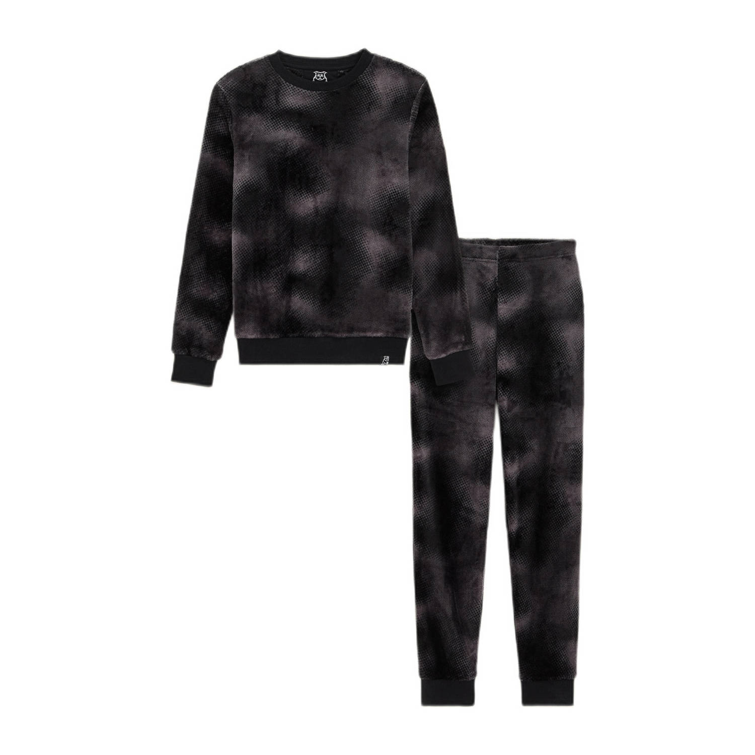 WE Fashion fleece pyjama met dessin zwartg grijs All over print 122 128