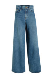 thumbnail: Medium blue denim dames Lois high waist wide leg jeans Marlene van denim met rits- en knoopsluiting en effen