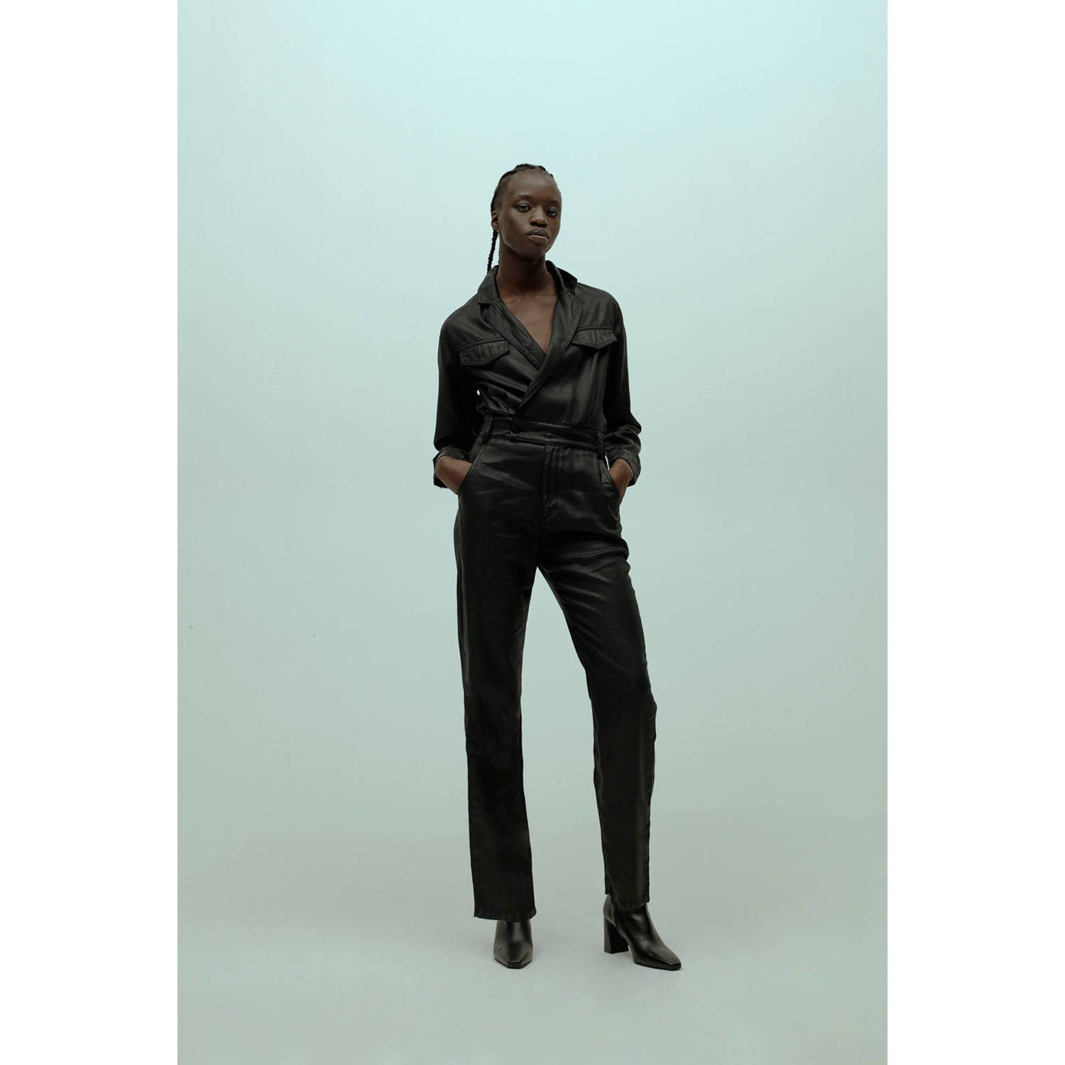 Homage Zwarte flowy coated jumpsuit met cross over stijl Black Dames