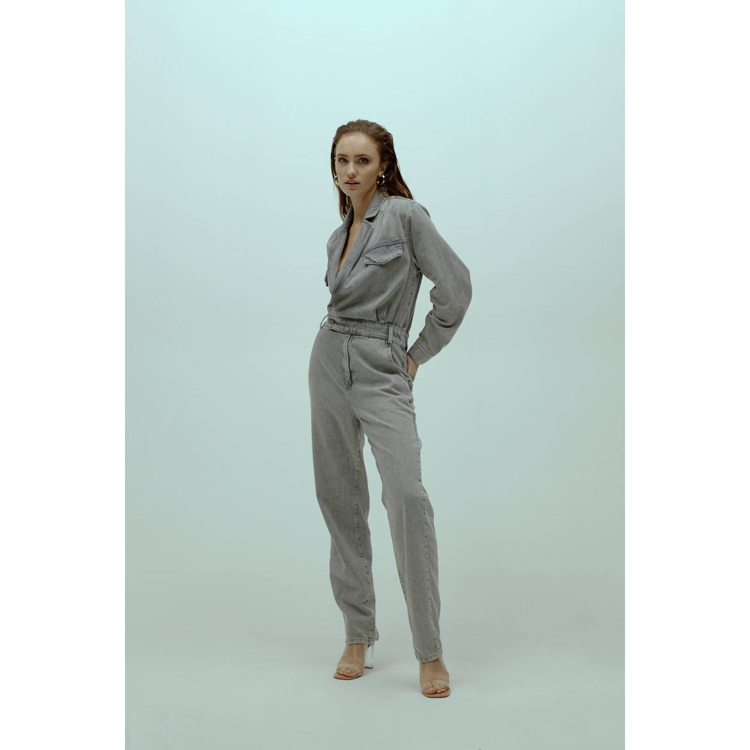 Homage Grijze Denim Cross Over Jumpsuit Gray Dames