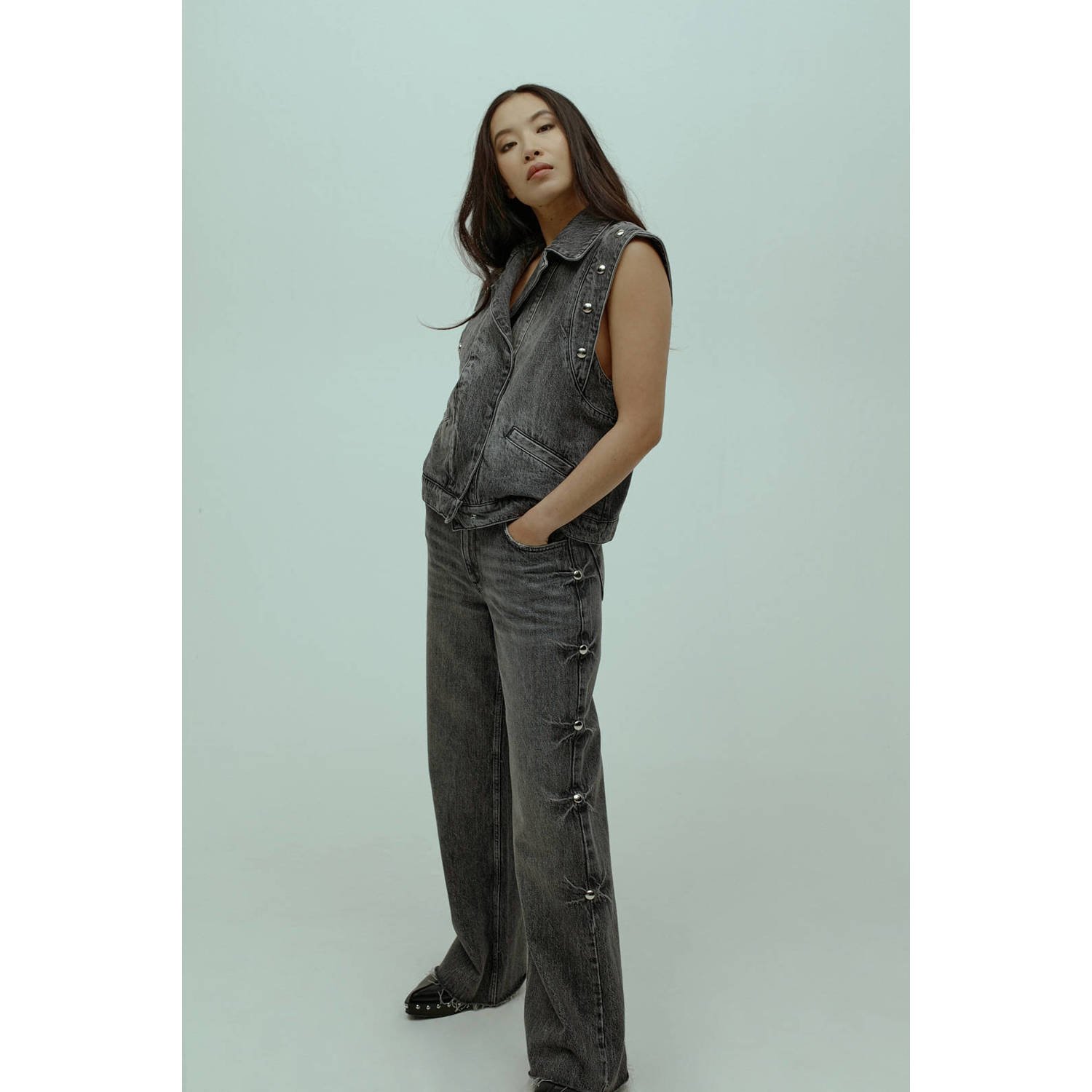 Homage Vintage Grijs Denim Gilet met Grote Studs Gray Dames