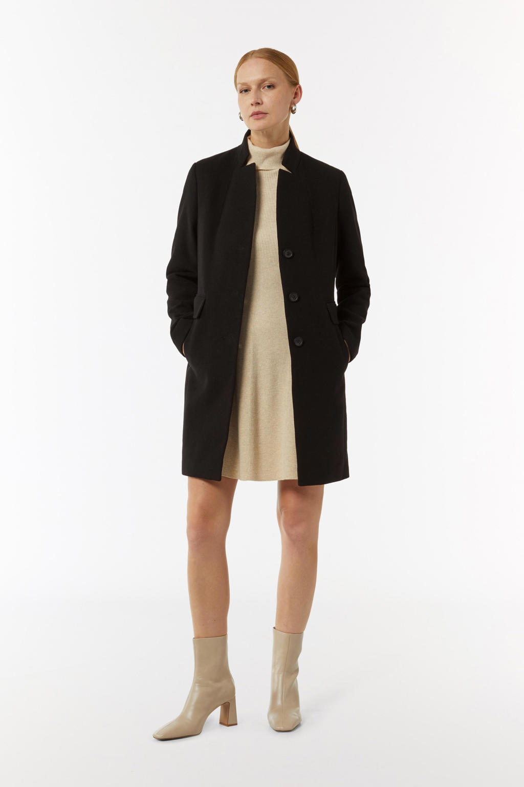 Zwarte dames comma jas van polyester met effen, lange mouwen, opstaande kraag en knoopsluiting