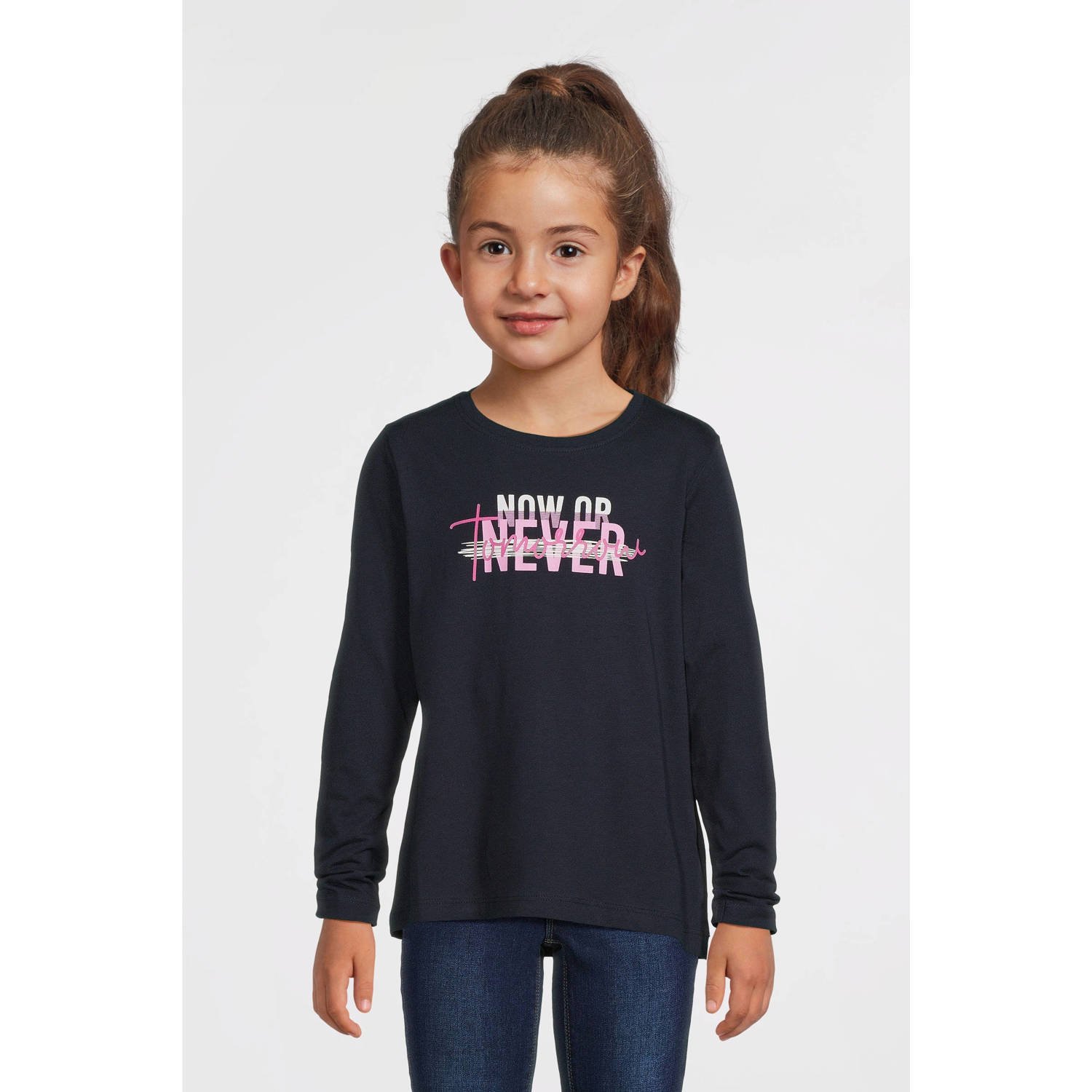 Name it KIDS longsleeve NKFVIOLET met printopdruk donkerblauw roze wit Meisjes Katoen Ronde hals 122 128
