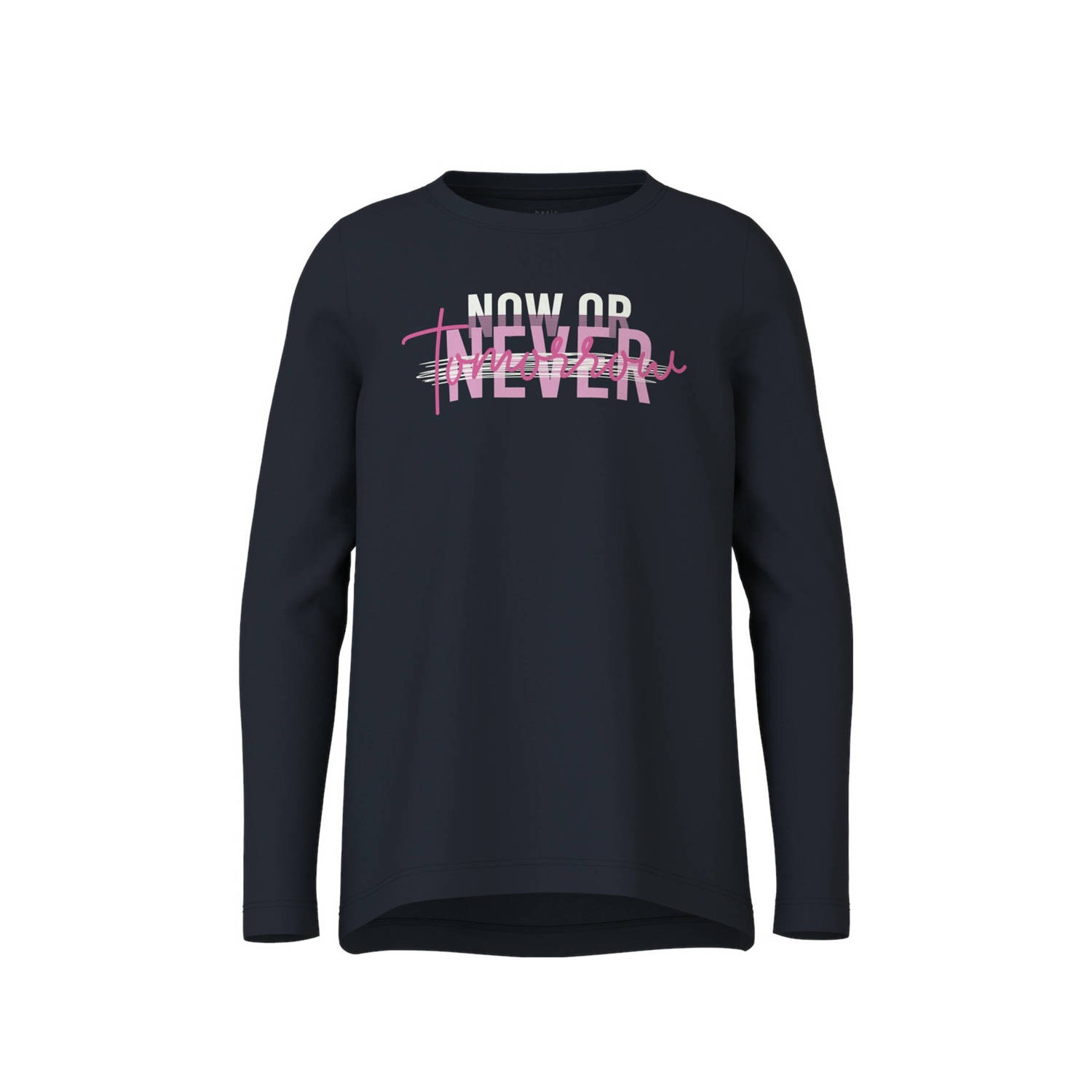 Name it KIDS longsleeve NKFVIOLET met printopdruk donkerblauw roze wit Meisjes Katoen Ronde hals 134 140