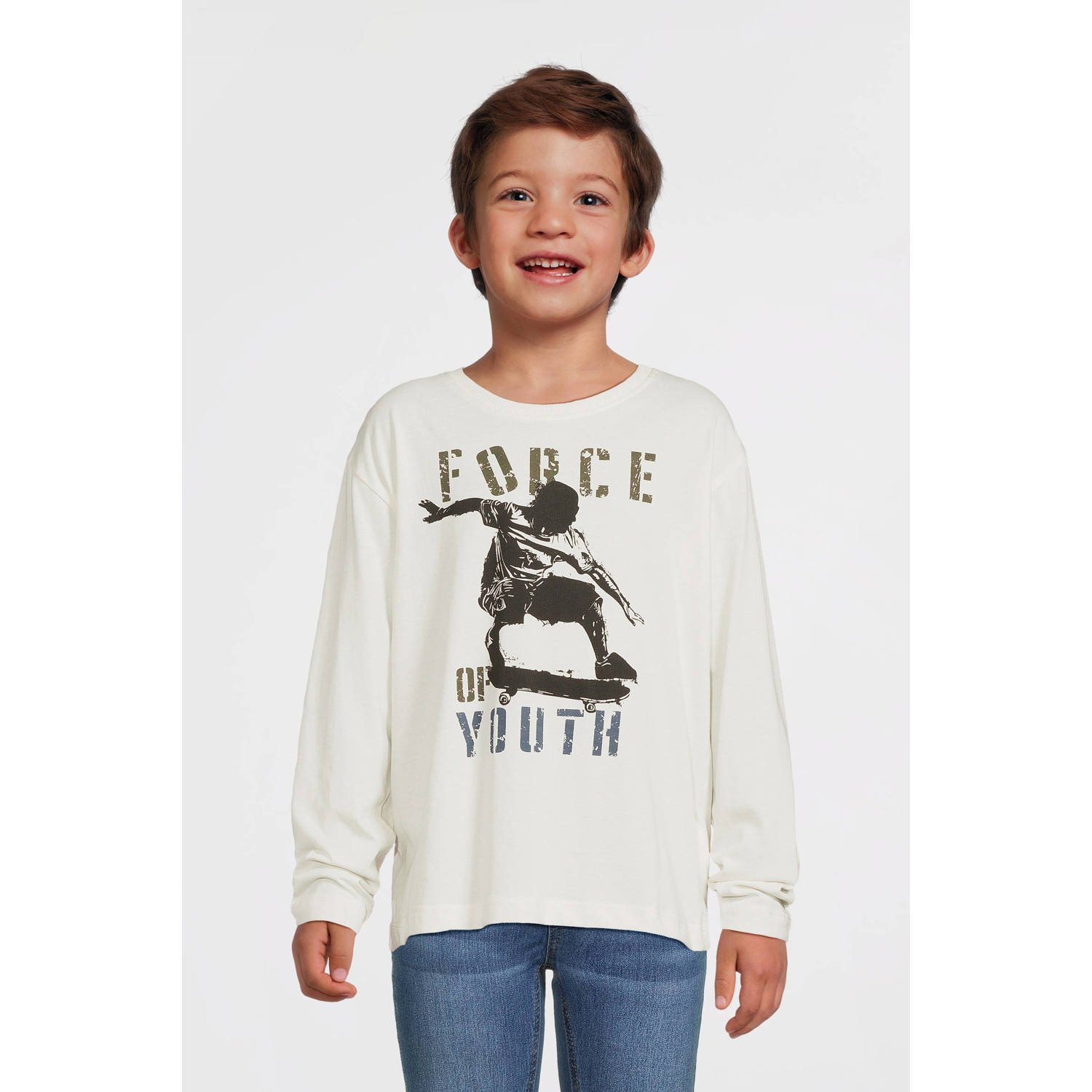 Name it KIDS longsleeve NKMVAGNO met printopdruk Ecru Jongens Katoen Ronde hals 122 128