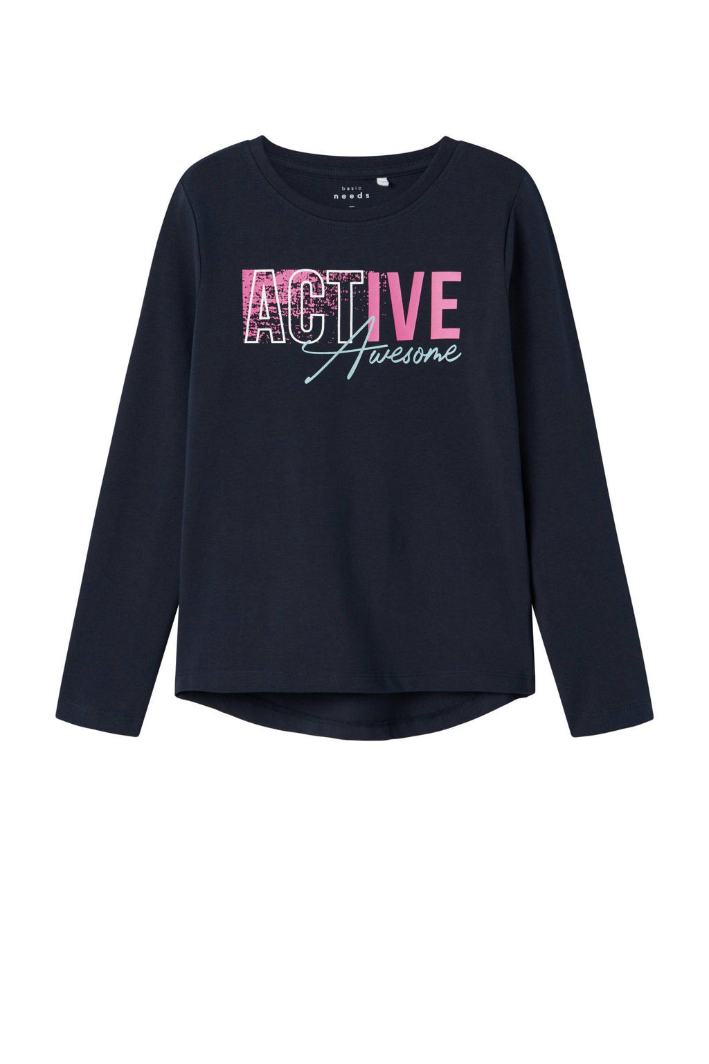 Donkerblauwe meisjes NAME IT KIDS longsleeve van stretchkatoen met printopdruk, lange mouwen en ronde hals