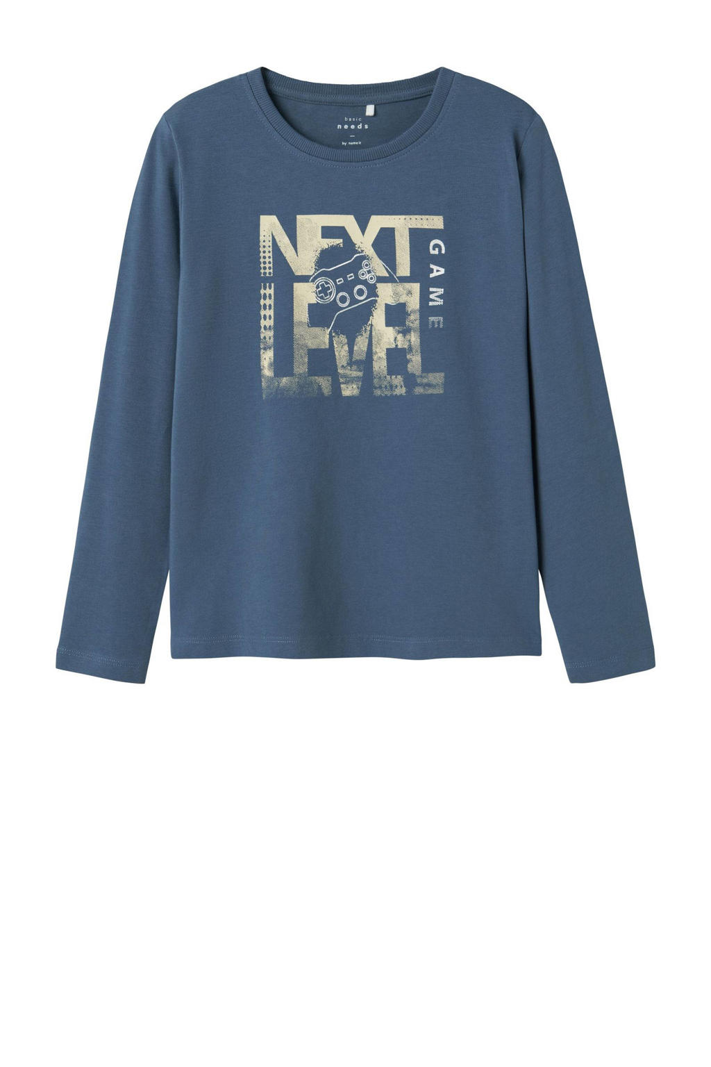 Blauwe jongens NAME IT KIDS longsleeve van stretchkatoen met printopdruk, lange mouwen en ronde hals