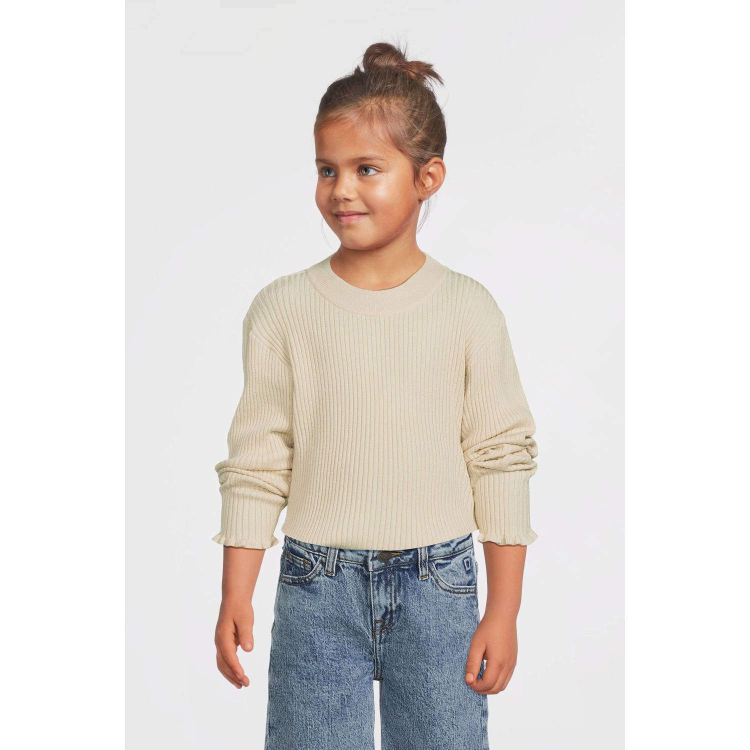 Name it KIDS fijngebreide longsleeve NKFVIANNA lichtzand Beige Meisjes Viscose Ronde hals 122 128