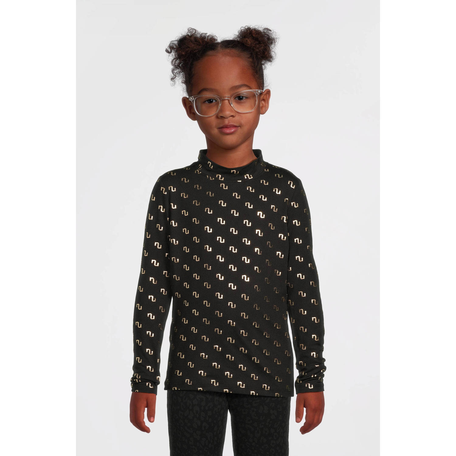 Name it KIDS longsleeve NKFNIKANEL met all over print zwart goud Meisjes Polyester Opstaande kraag 134 140