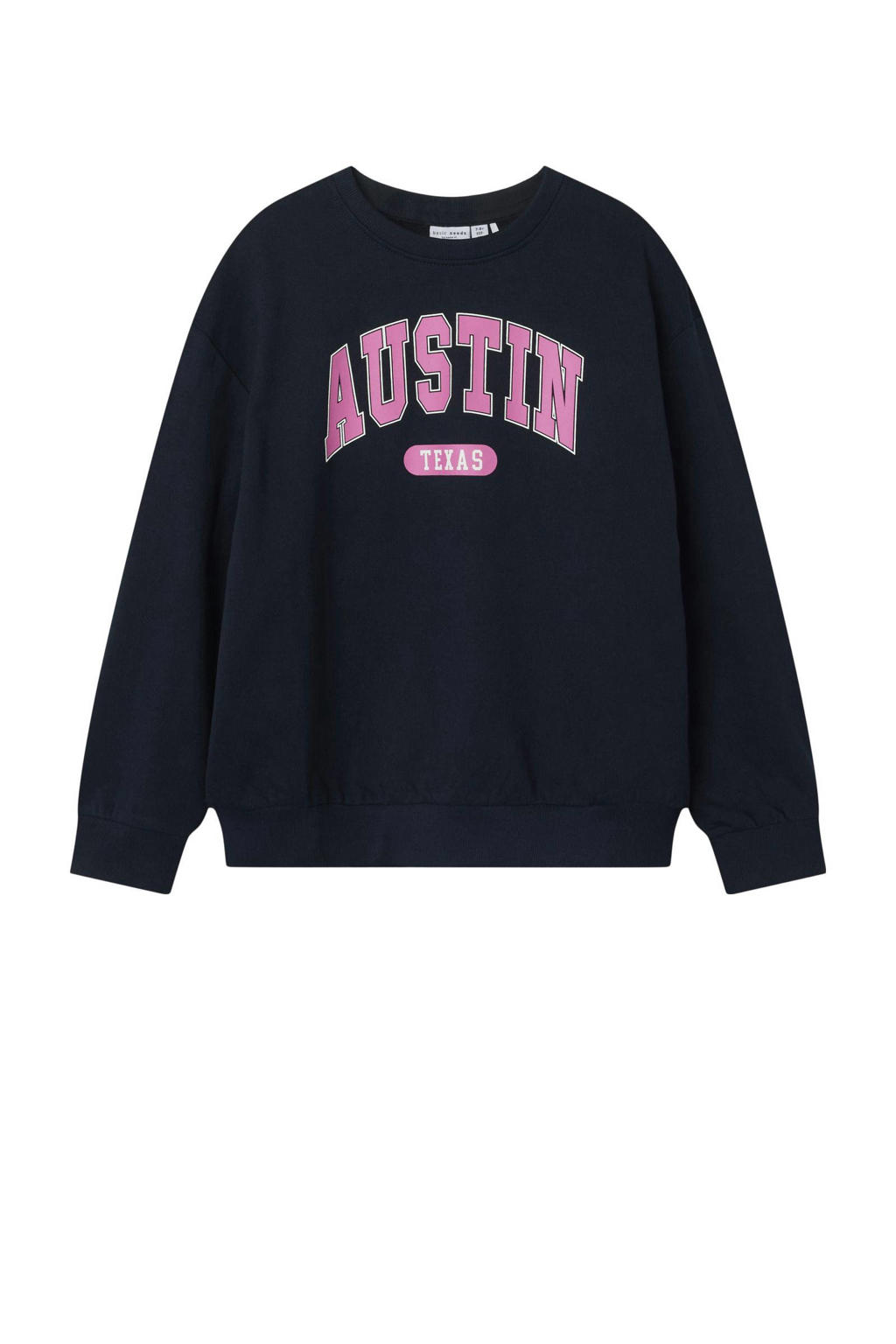 Donkerblauwe meisjes NAME IT KIDS sweater met printopdruk, lange mouwen en ronde hals