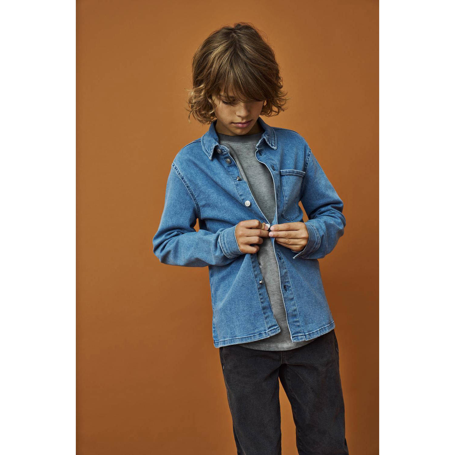 Only KIDS BOY denim overhemd light blue denim Blauw Effen 140
