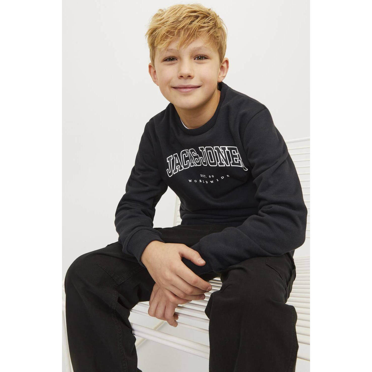 JACK & JONES JUNIOR sweater JJECALEB met logo zwart