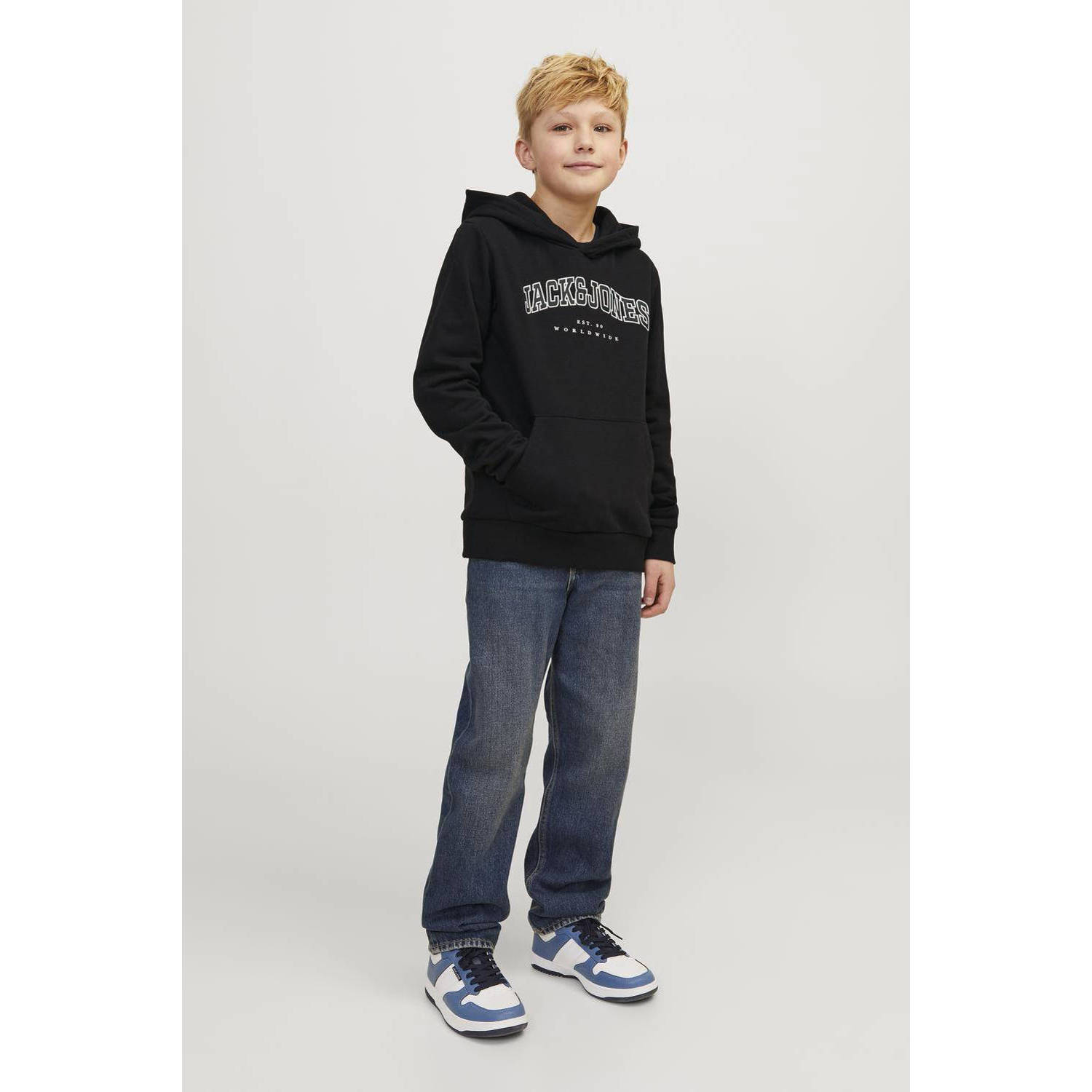 JACK & JONES JUNIOR hoodie JJECALEB VARSITY met logo zwart