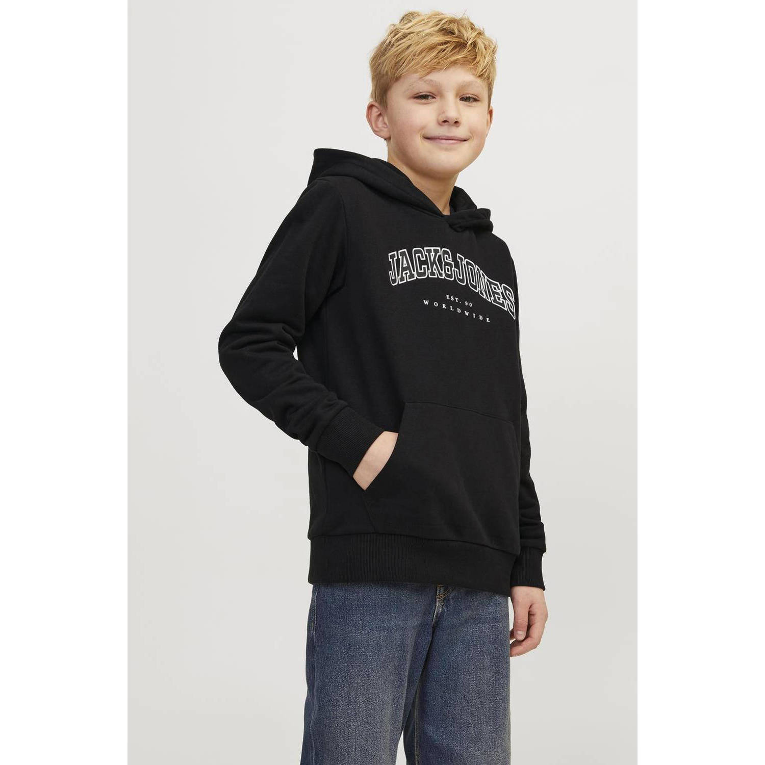 JACK & JONES JUNIOR hoodie JJECALEB VARSITY met logo zwart