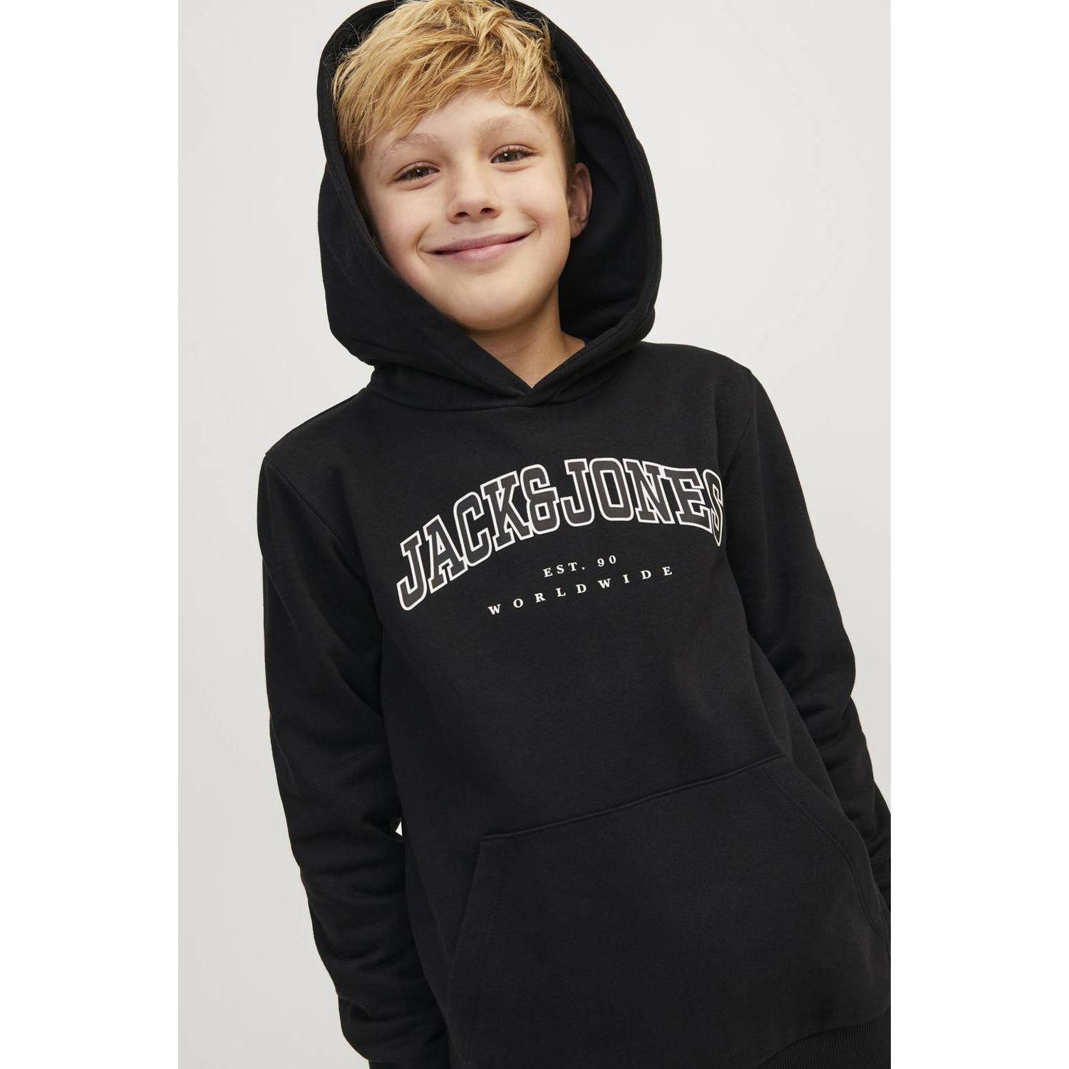 JACK & JONES JUNIOR hoodie JJECALEB VARSITY met logo zwart