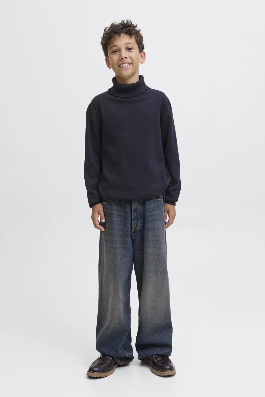 Donkerblauwe jongens JACK & JONES JUNIOR coltrui van katoen met effen, lange mouwen en gebreide details