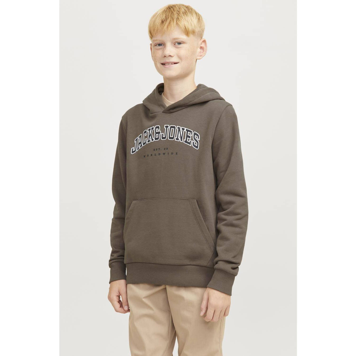 JACK & JONES JUNIOR hoodie JJECALEB VARSITY met logo donkergroen