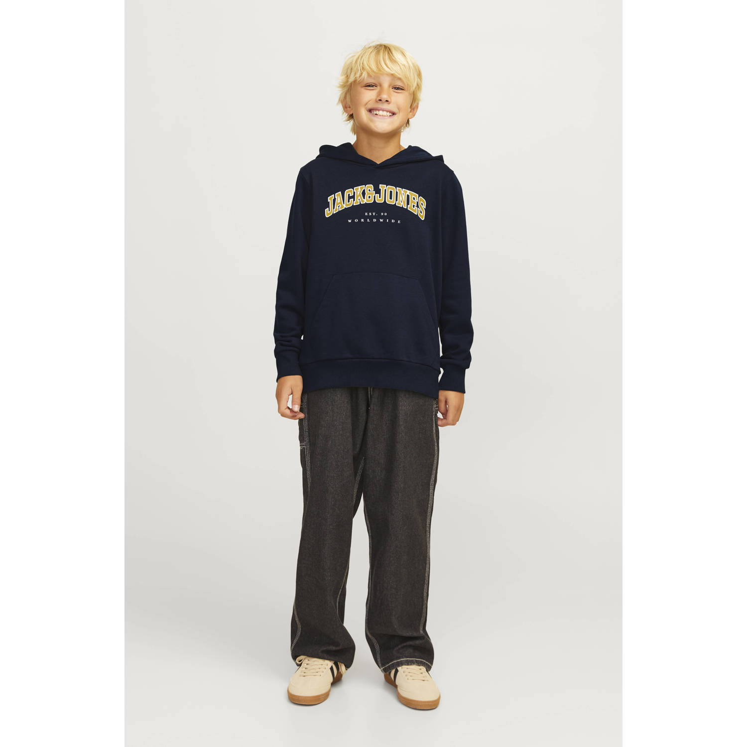 JACK & JONES JUNIOR hoodie JJECALEB VARSITY met logo donkerblauw