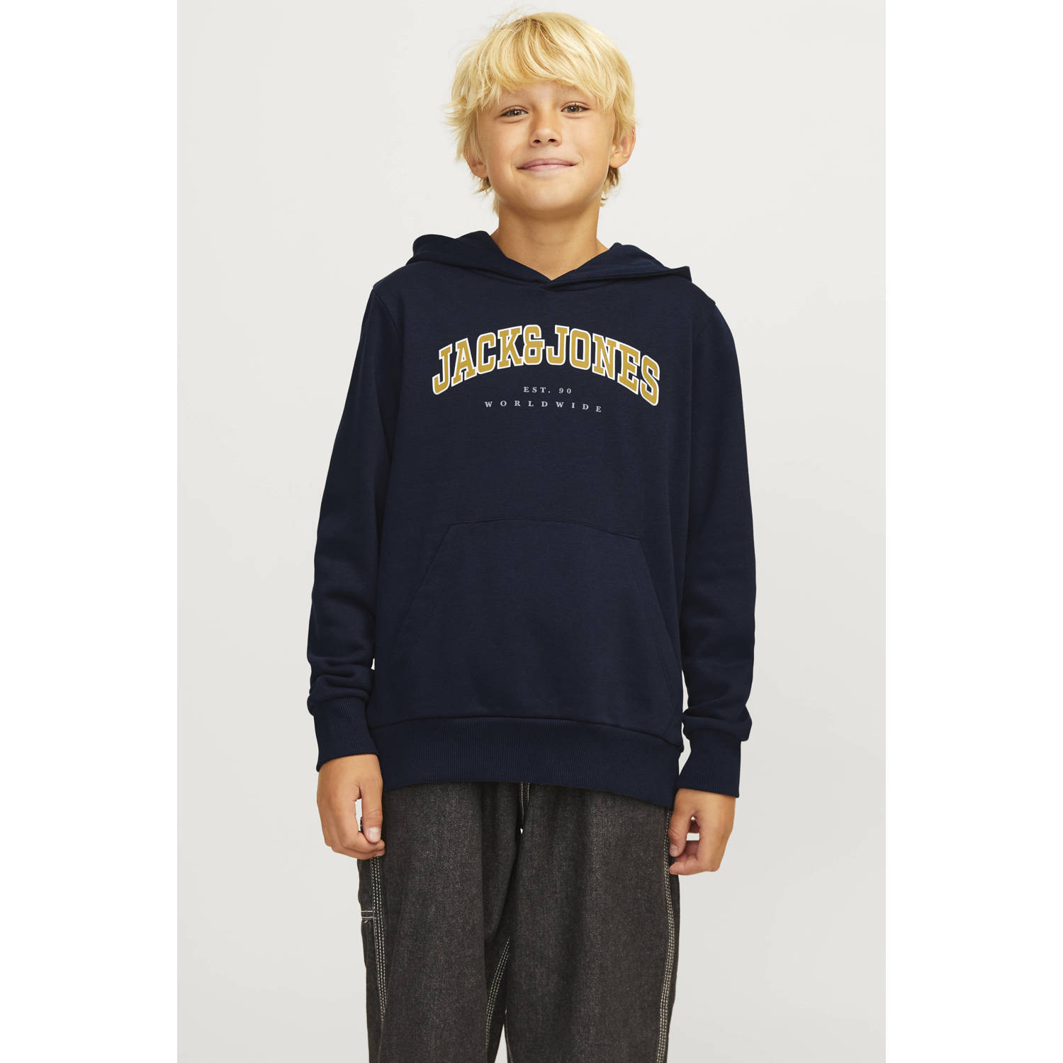 JACK & JONES JUNIOR hoodie JJECALEB VARSITY met logo donkerblauw
