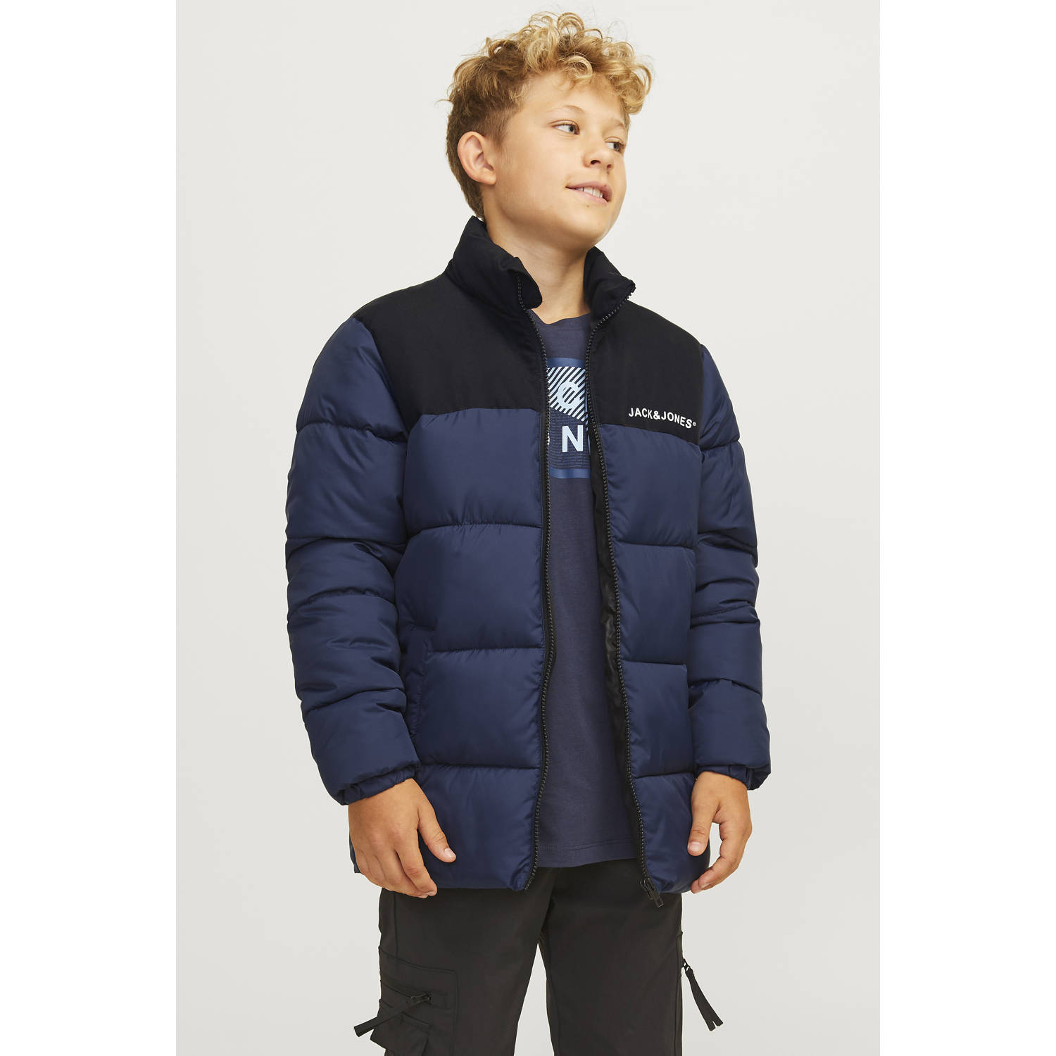 Jack & jones JUNIOR gewatteerde jas donkerblauw zwart Jongens Polyester Opstaande kraag 128
