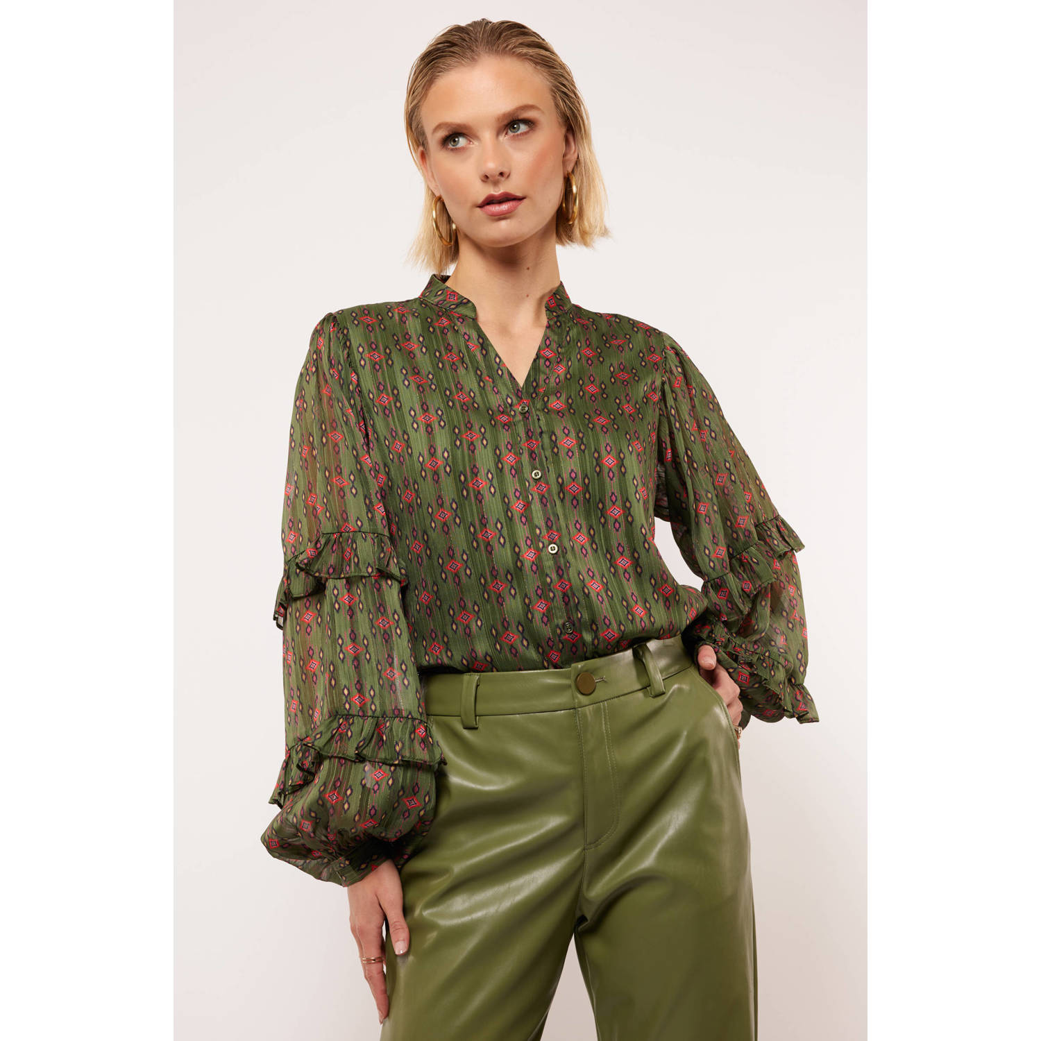 FLURESK blouse Londyn met all over print en volant olijfgroen