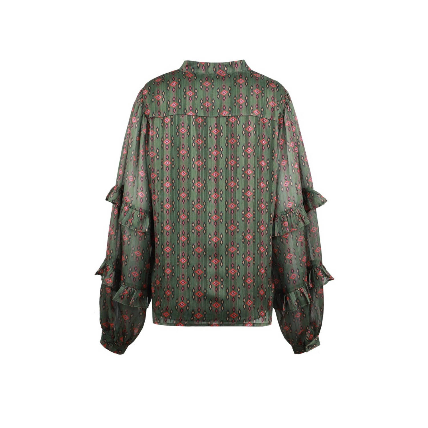 FLURESK blouse Londyn met all over print en volant olijfgroen
