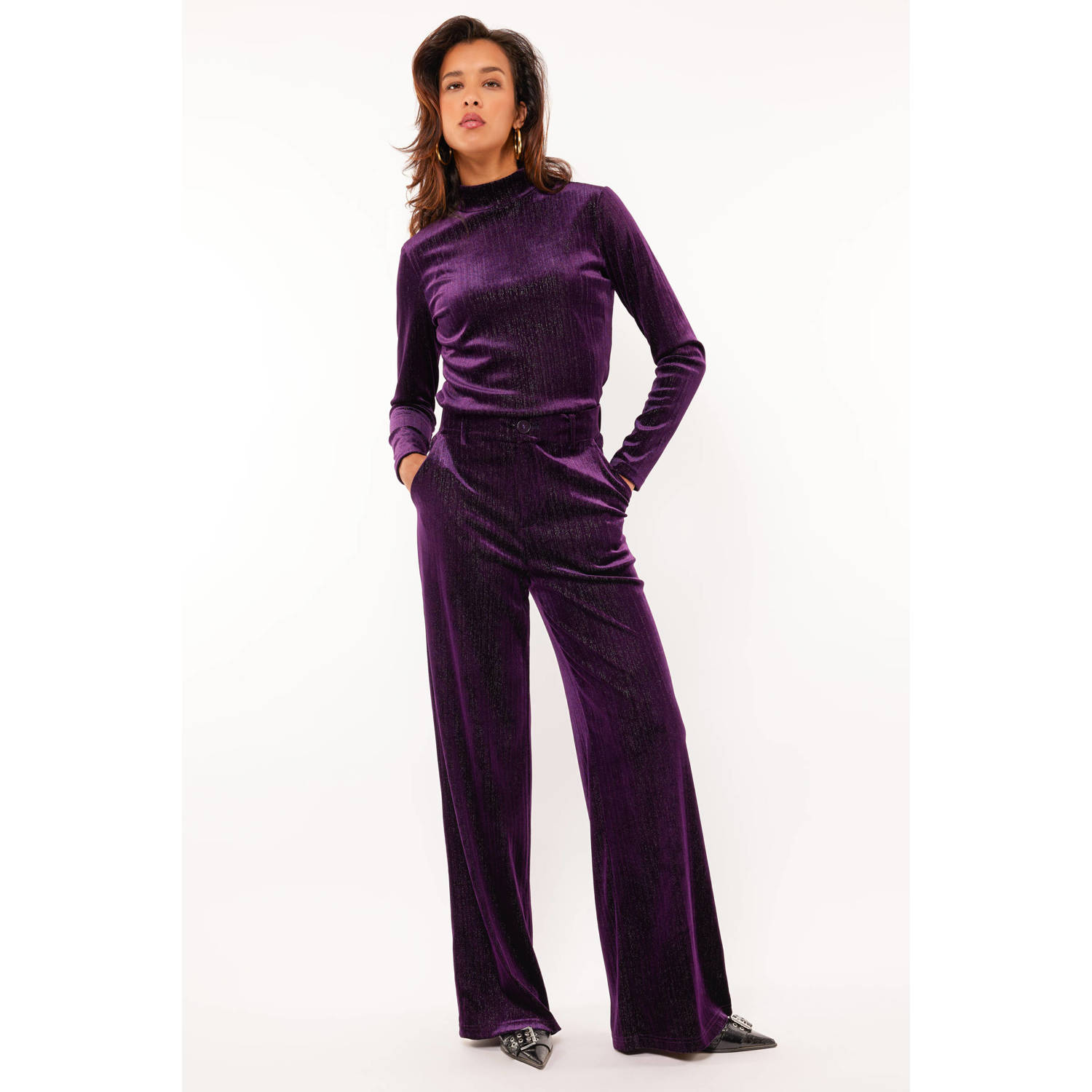 FLURESK velours wide leg broek Zelda paars