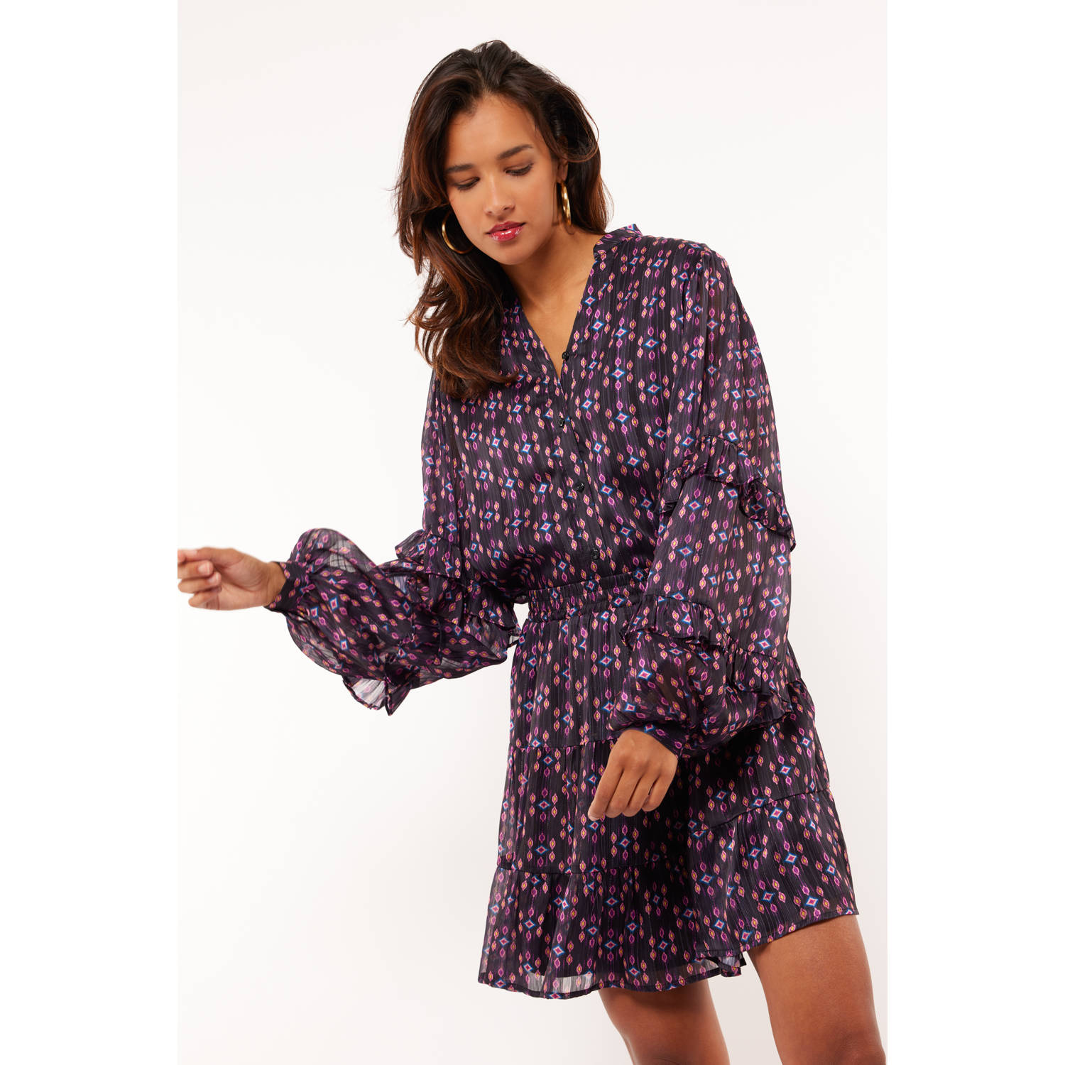 FLURESK blouse Londyn met all over print en volant donkerviolet