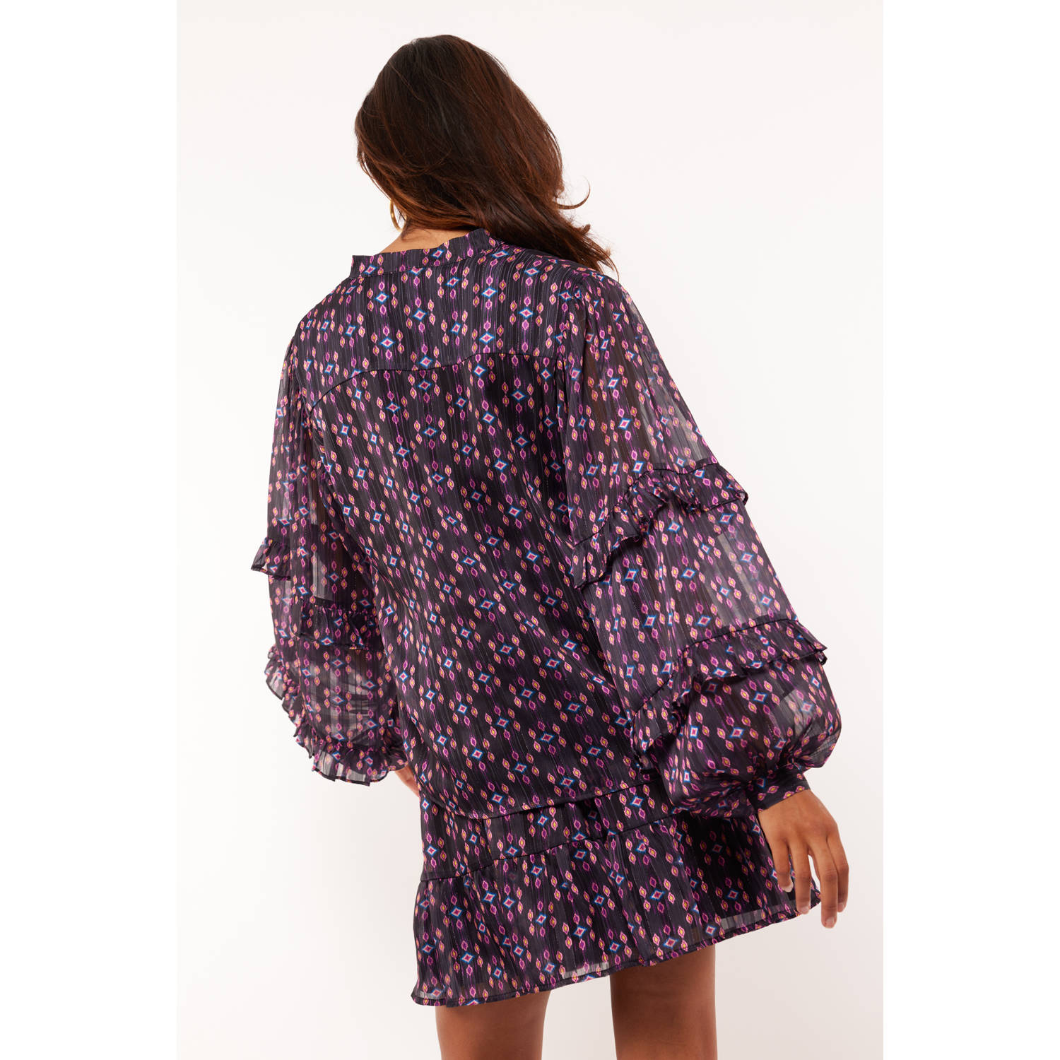 FLURESK blouse Londyn met all over print en volant donkerviolet