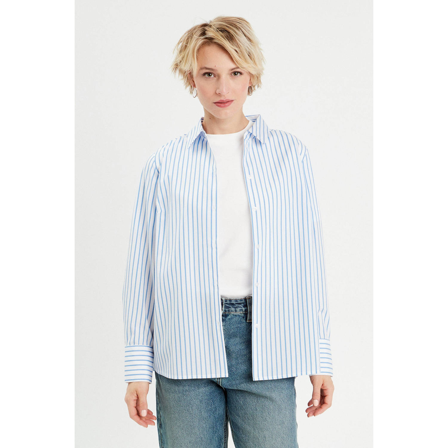 Cache gesptreepte blouse wit blauw