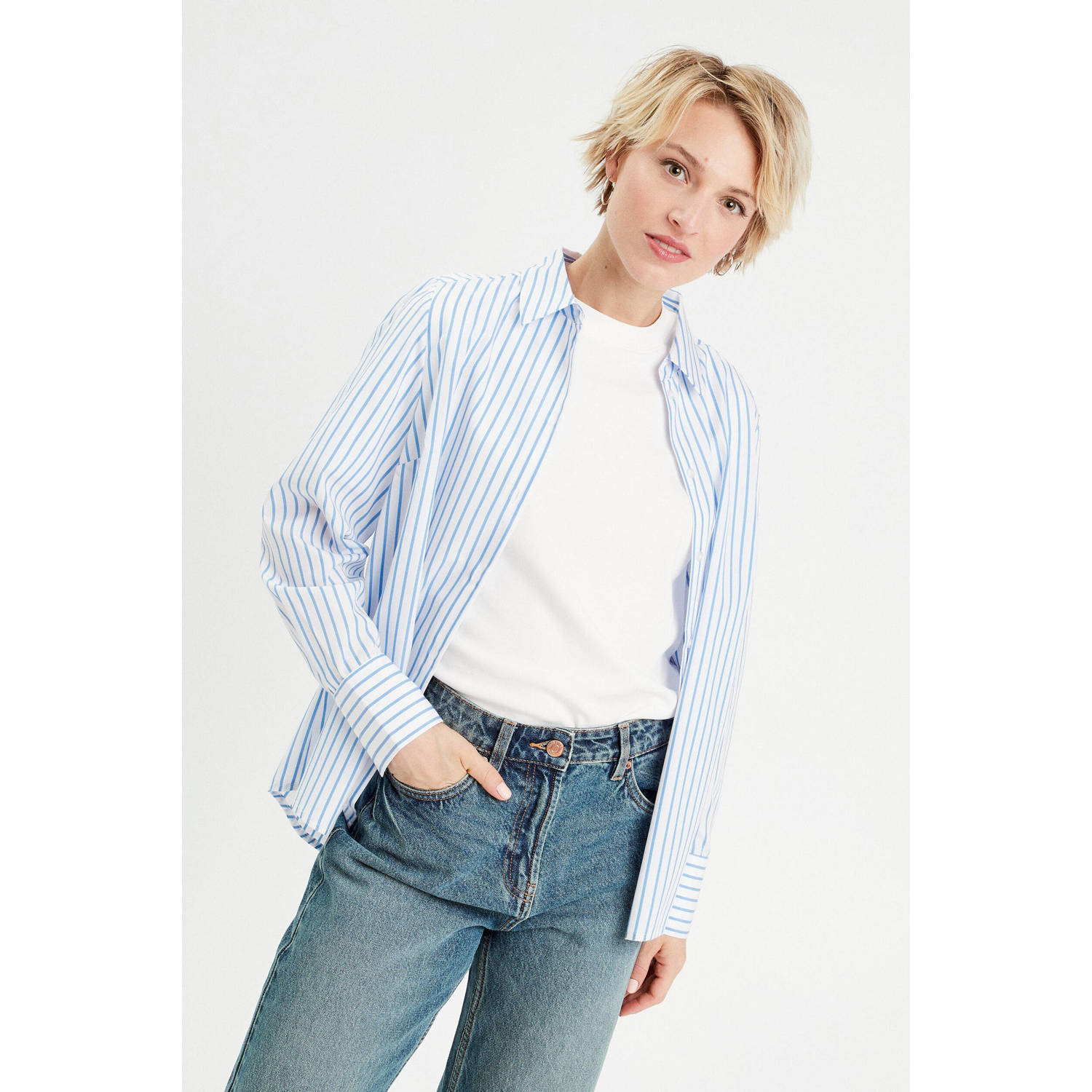 Cache gesptreepte blouse wit blauw