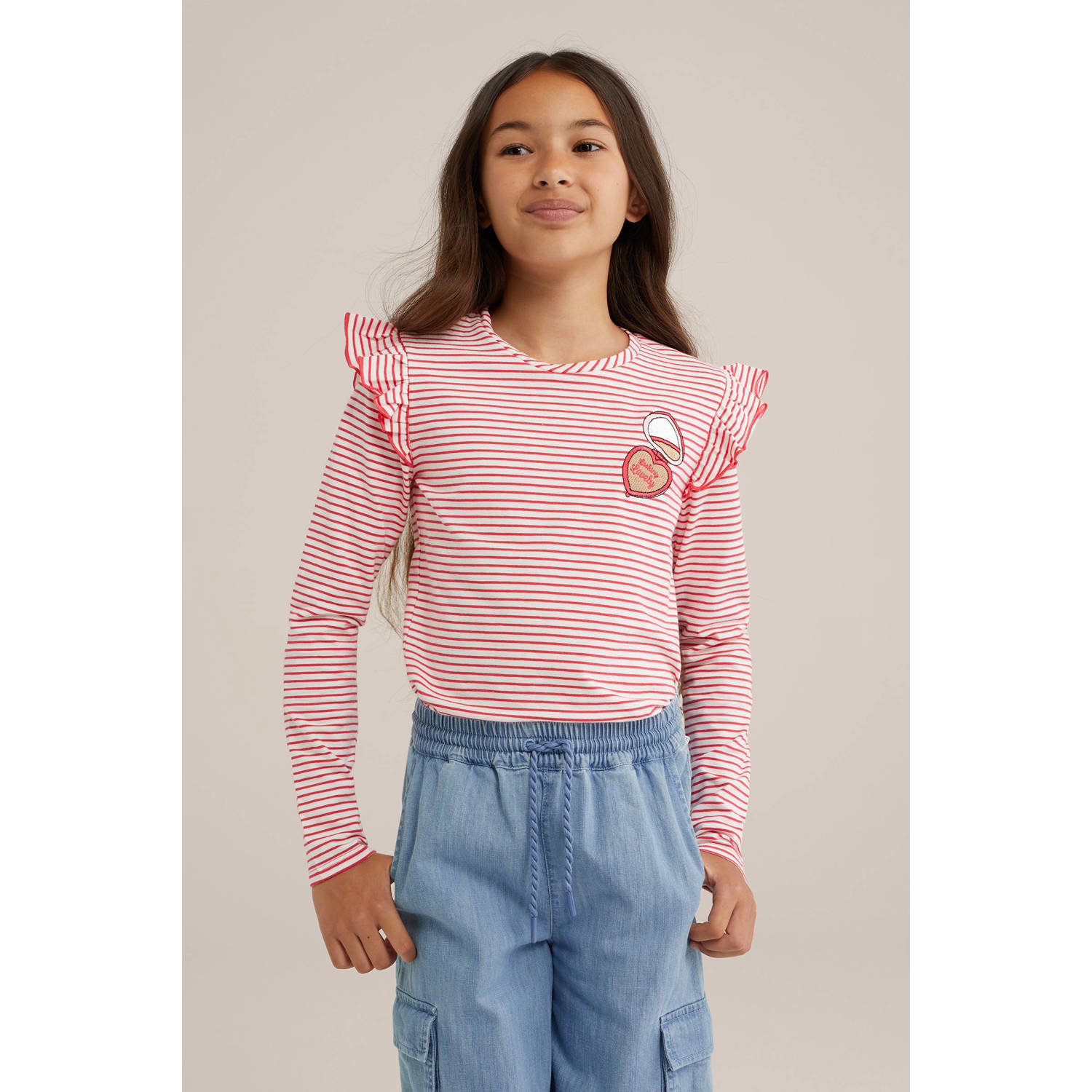 WE Fashion gestreepte longsleeve felroze wit