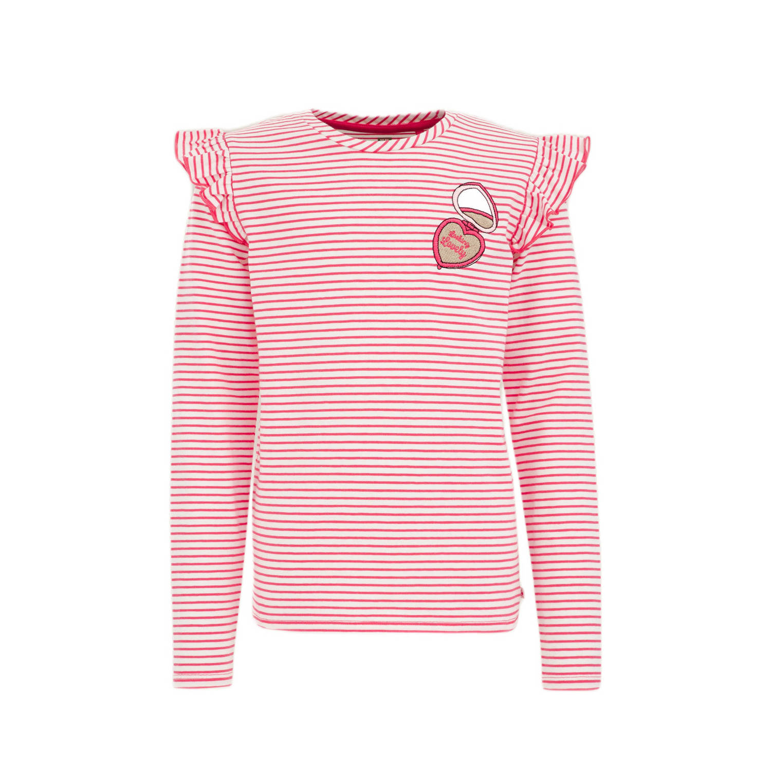 WE Fashion gestreepte longsleeve felroze wit Meisjes Stretchkatoen Ronde hals 110 116