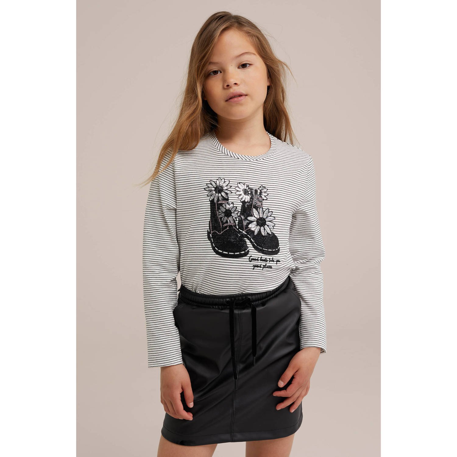 WE Fashion gestreepte longsleeve zwart wit Meisjes Stretchkatoen Ronde hals 158 164