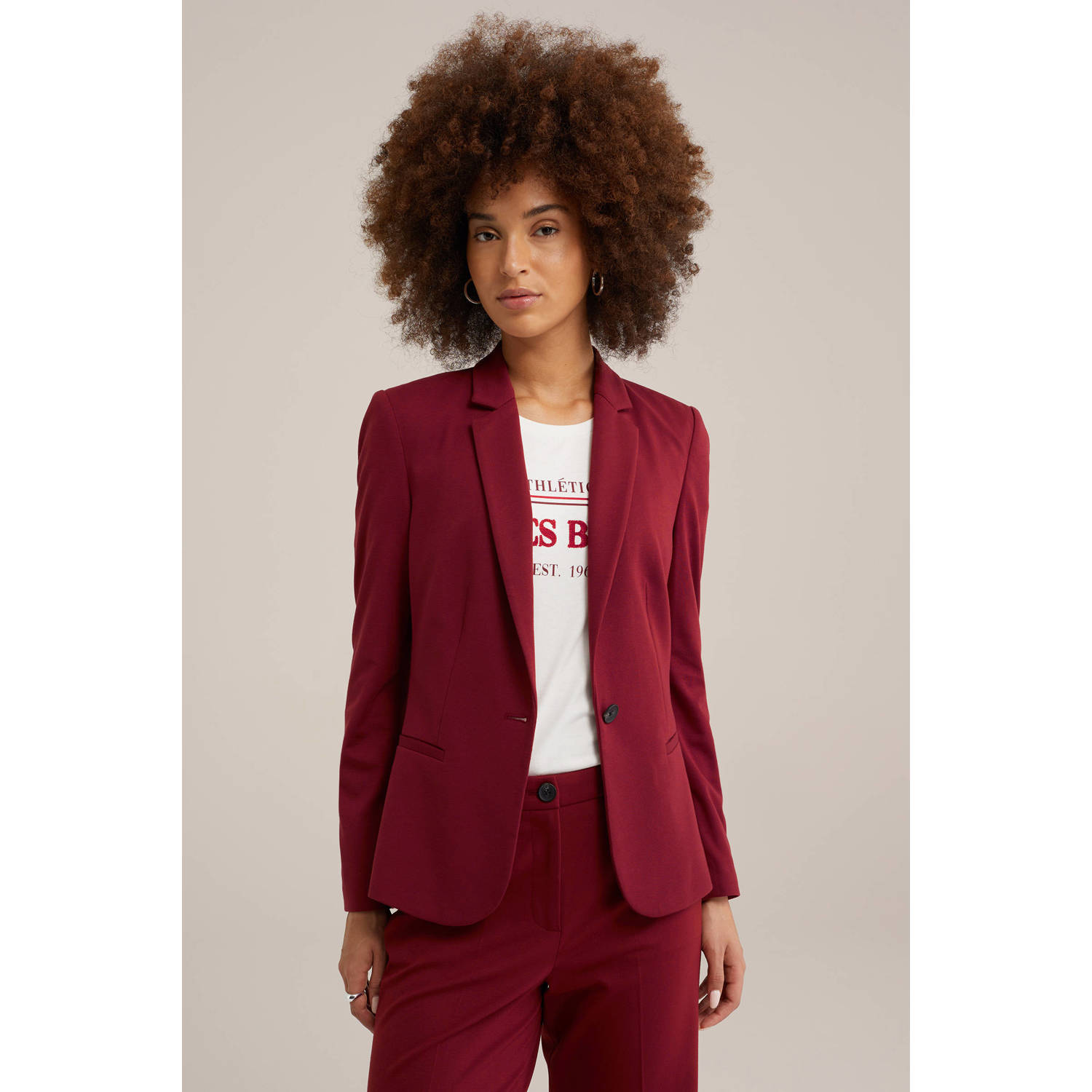 WE Fashion jersey getailleerde blazer Liz donkerrood