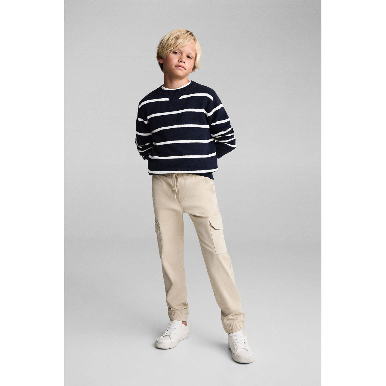 Mango Kids pullover donkerblauw Trui Jongens Katoen Ronde hals Streep 128