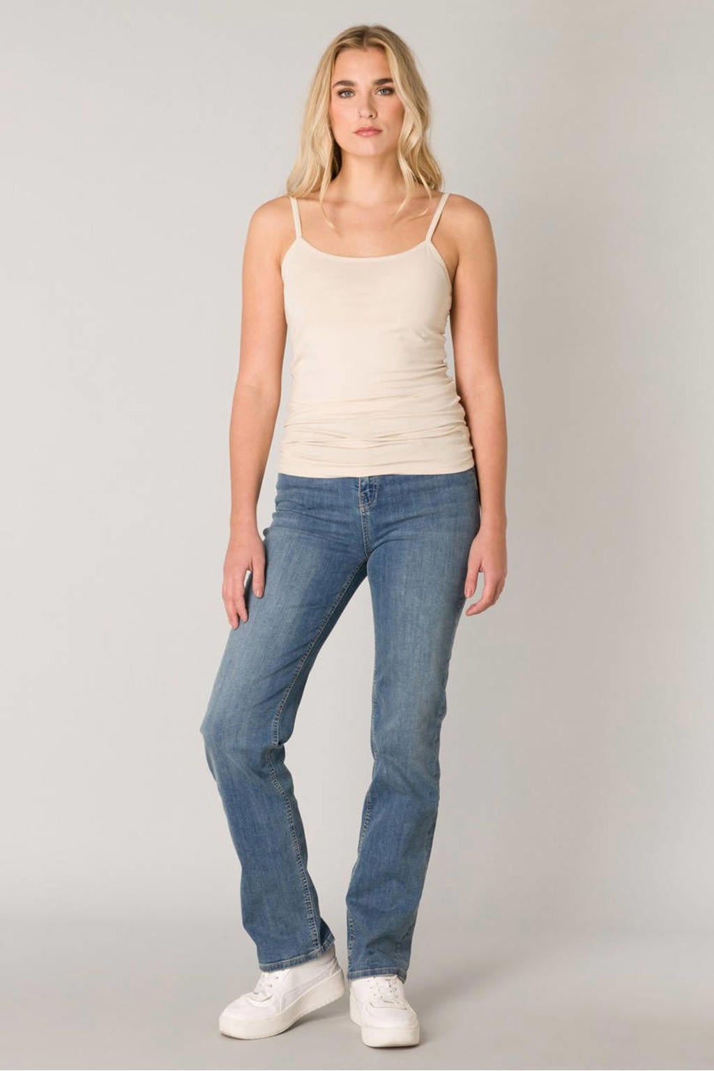 Beige dames Base Level top met effen en ronde hals